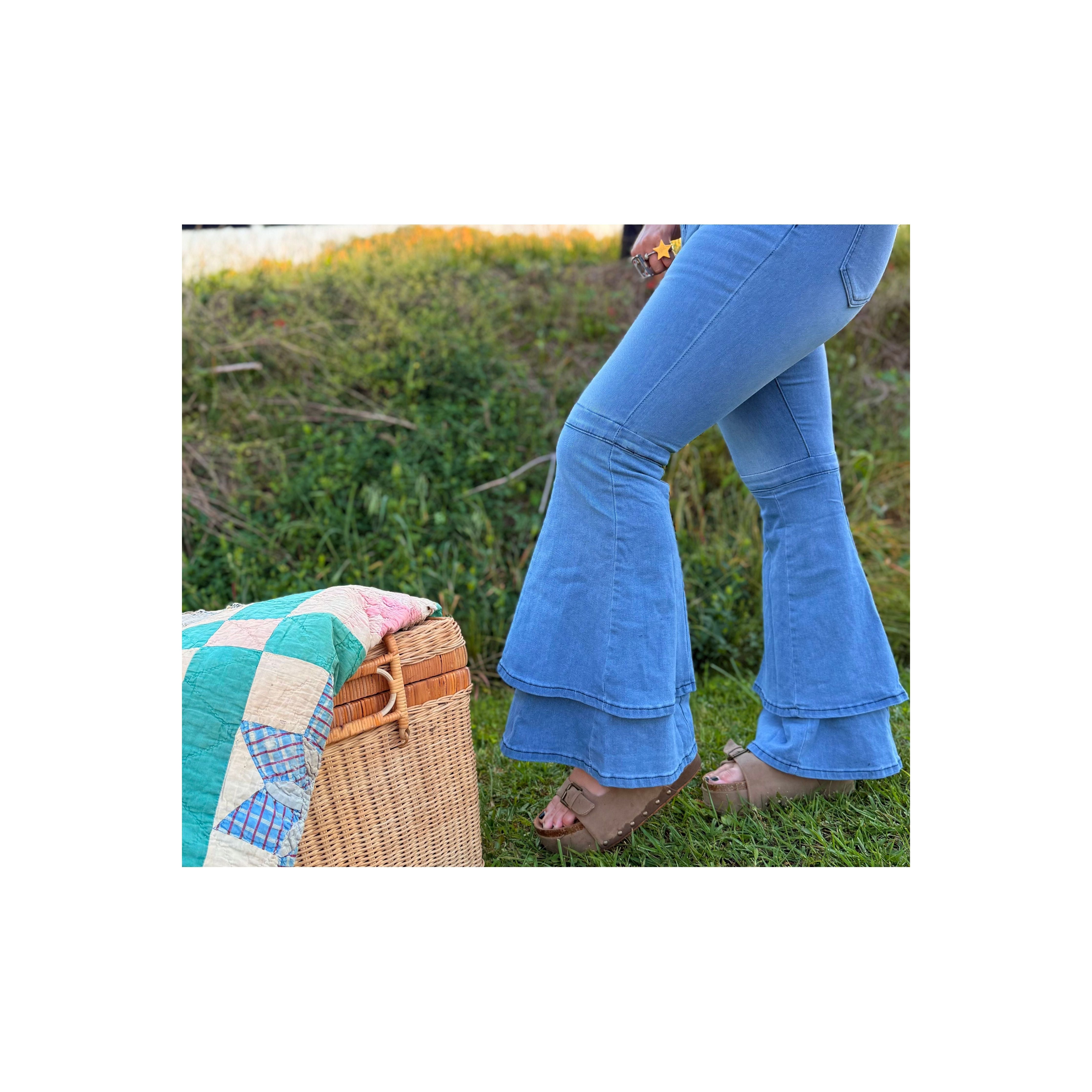 Jenny Layered Ruffle Flare Jeans Light Wash