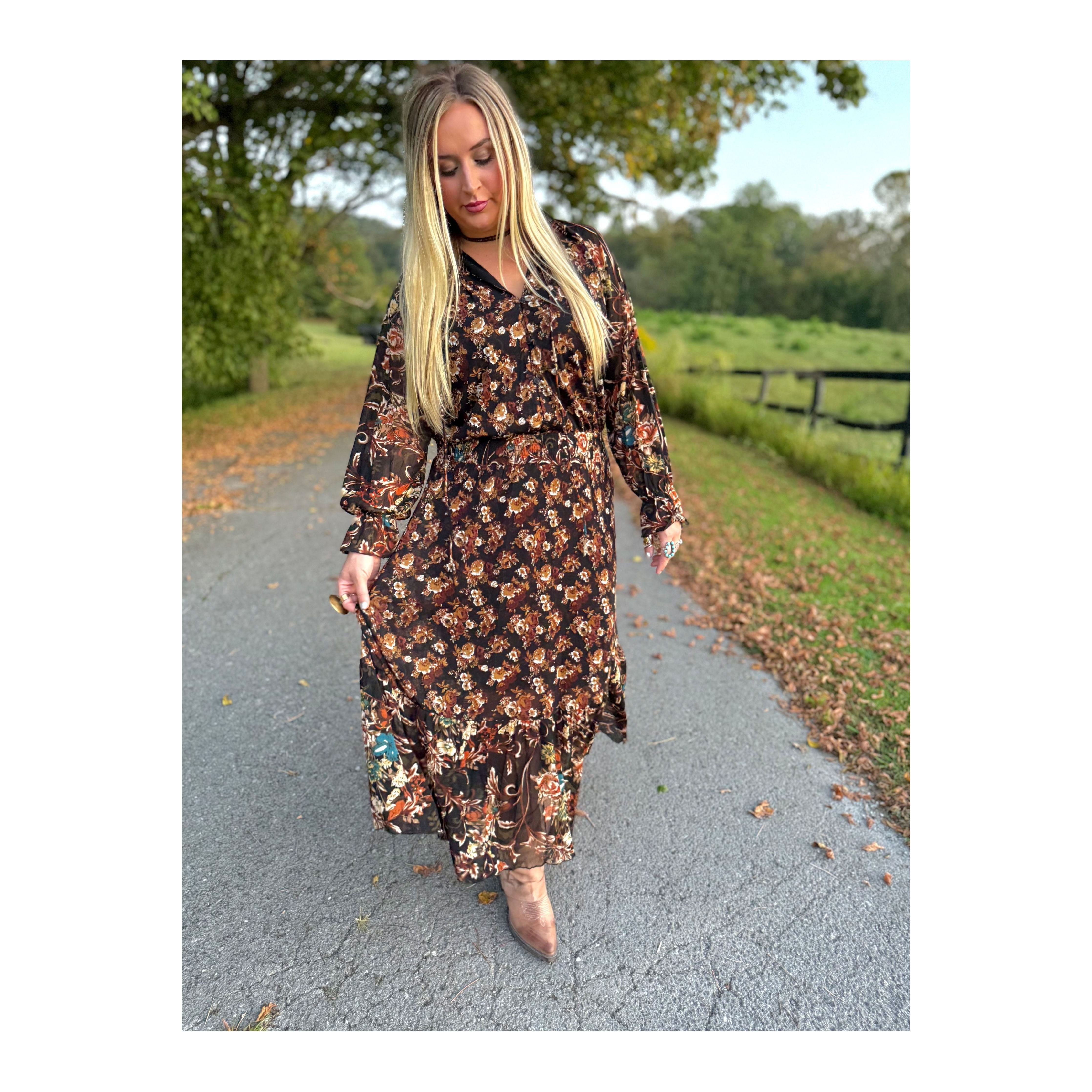 Black Floral Ruffle Maxi Dress