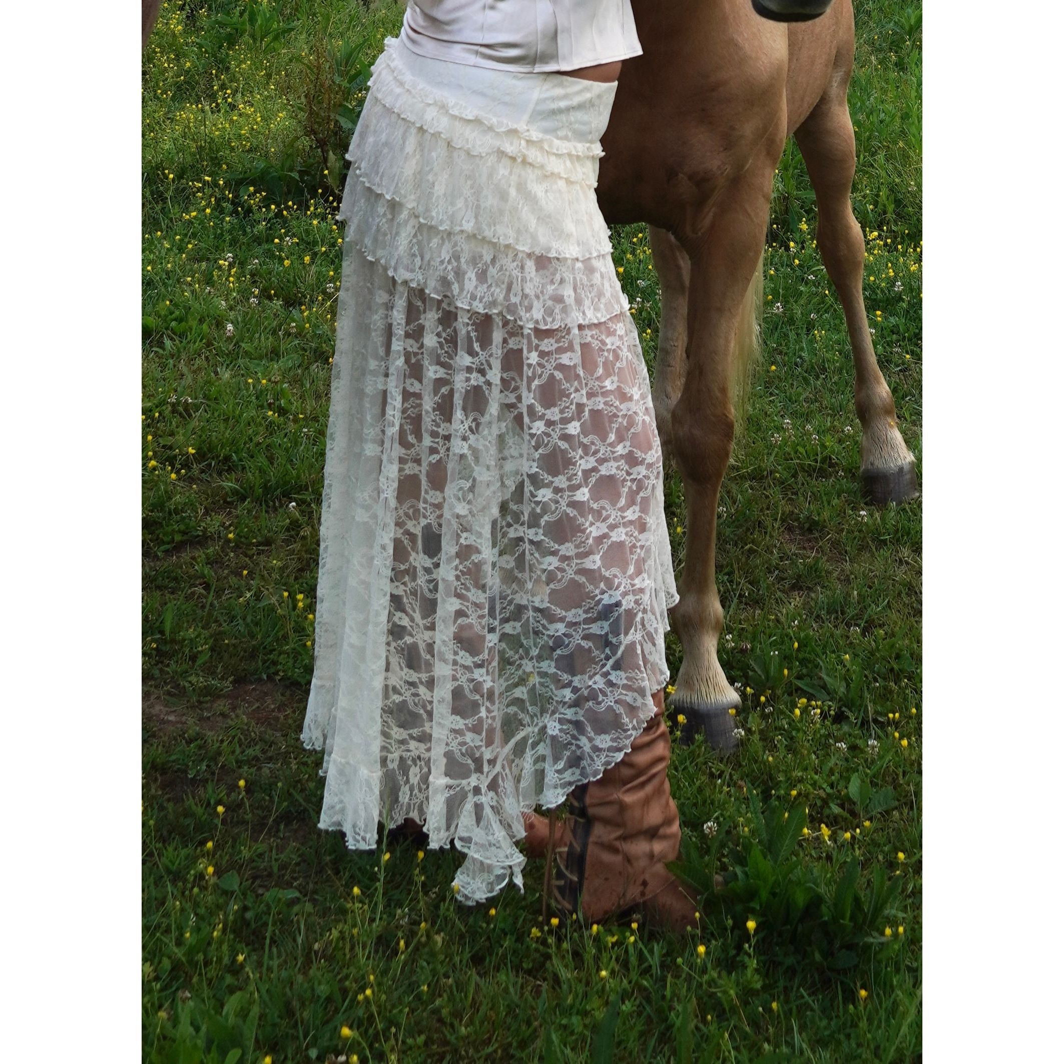 Cream Lace Ruffle Tiered High-Low Maxi Skirt