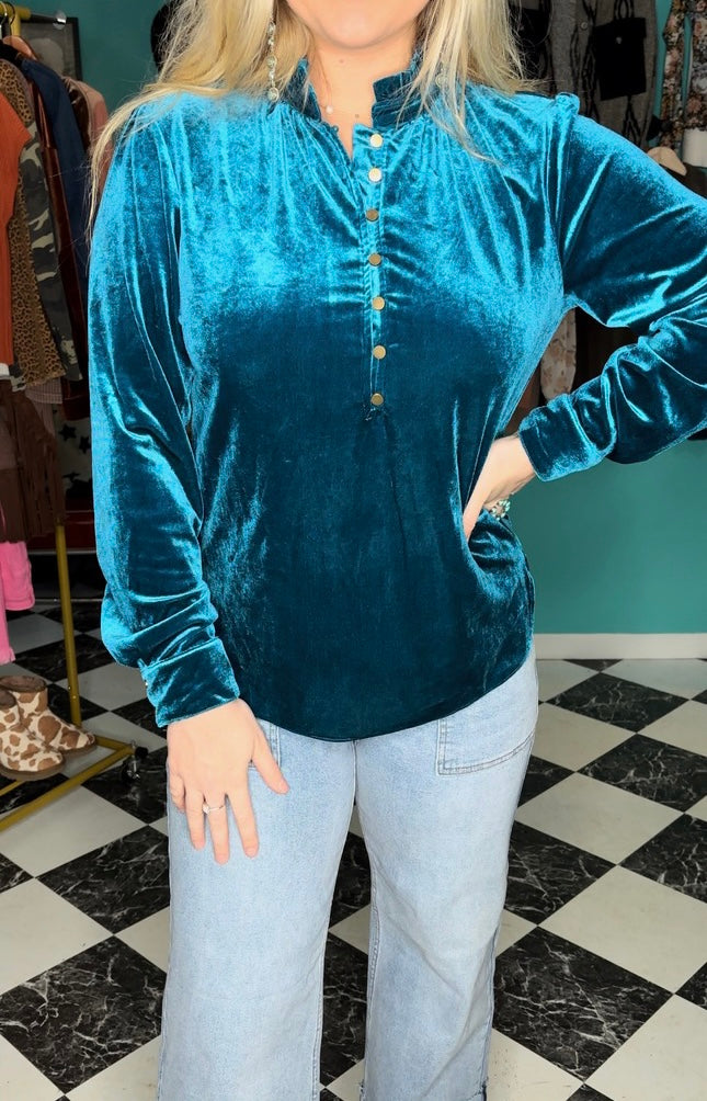Blue Velvet Button Blouse