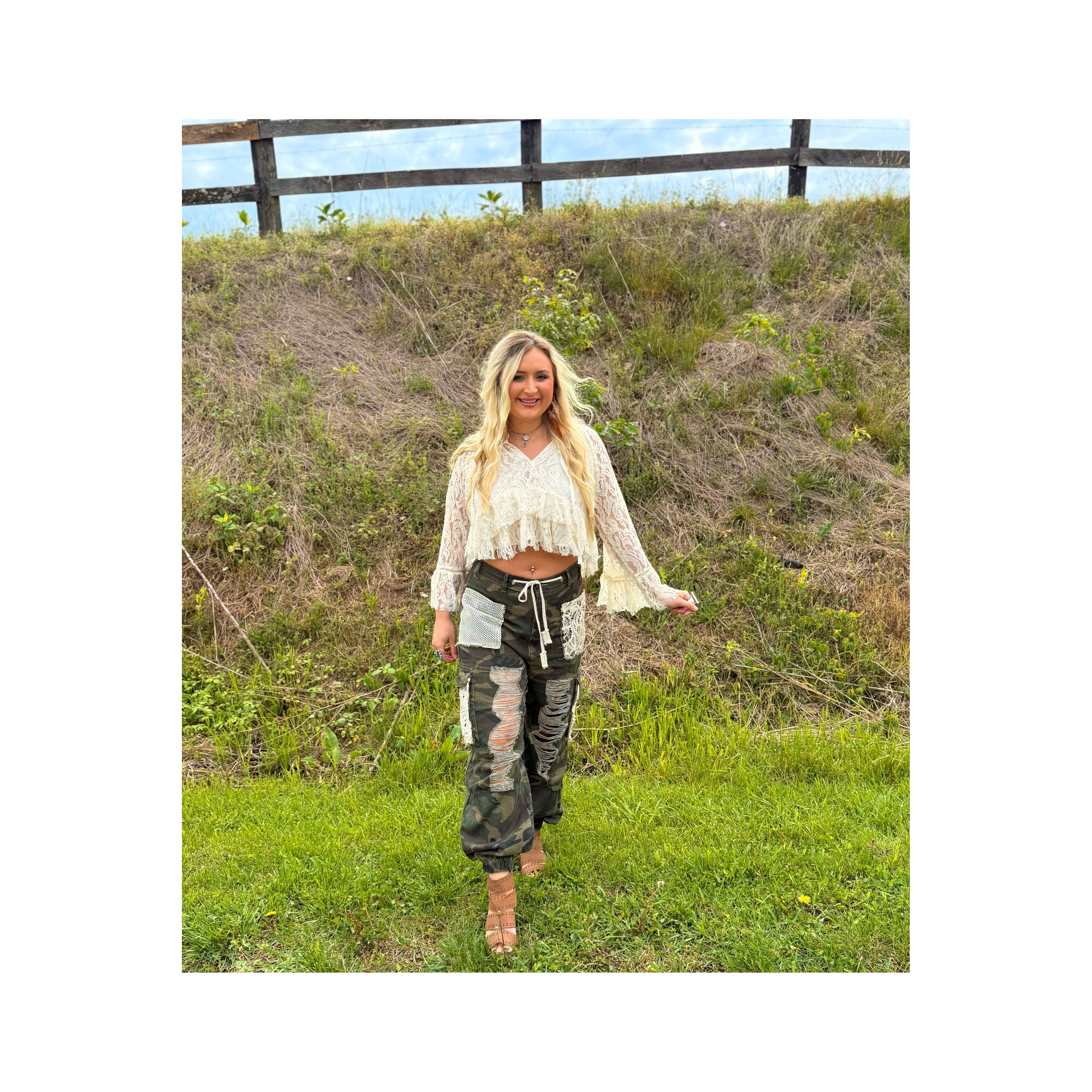 POL: Ripped Camo and Lace Joggers