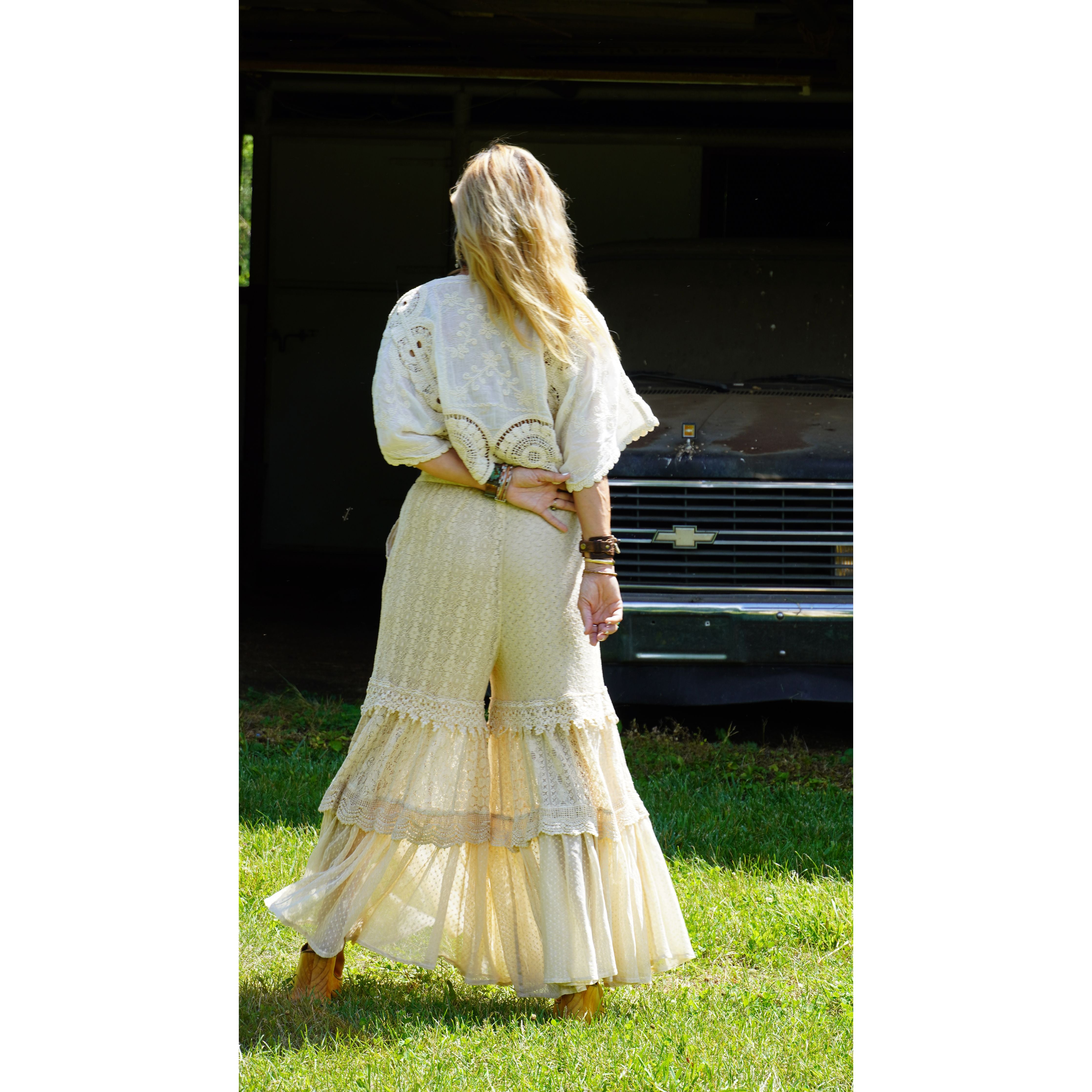 Crochet Lace Tiered Ruffle Flare Pants
