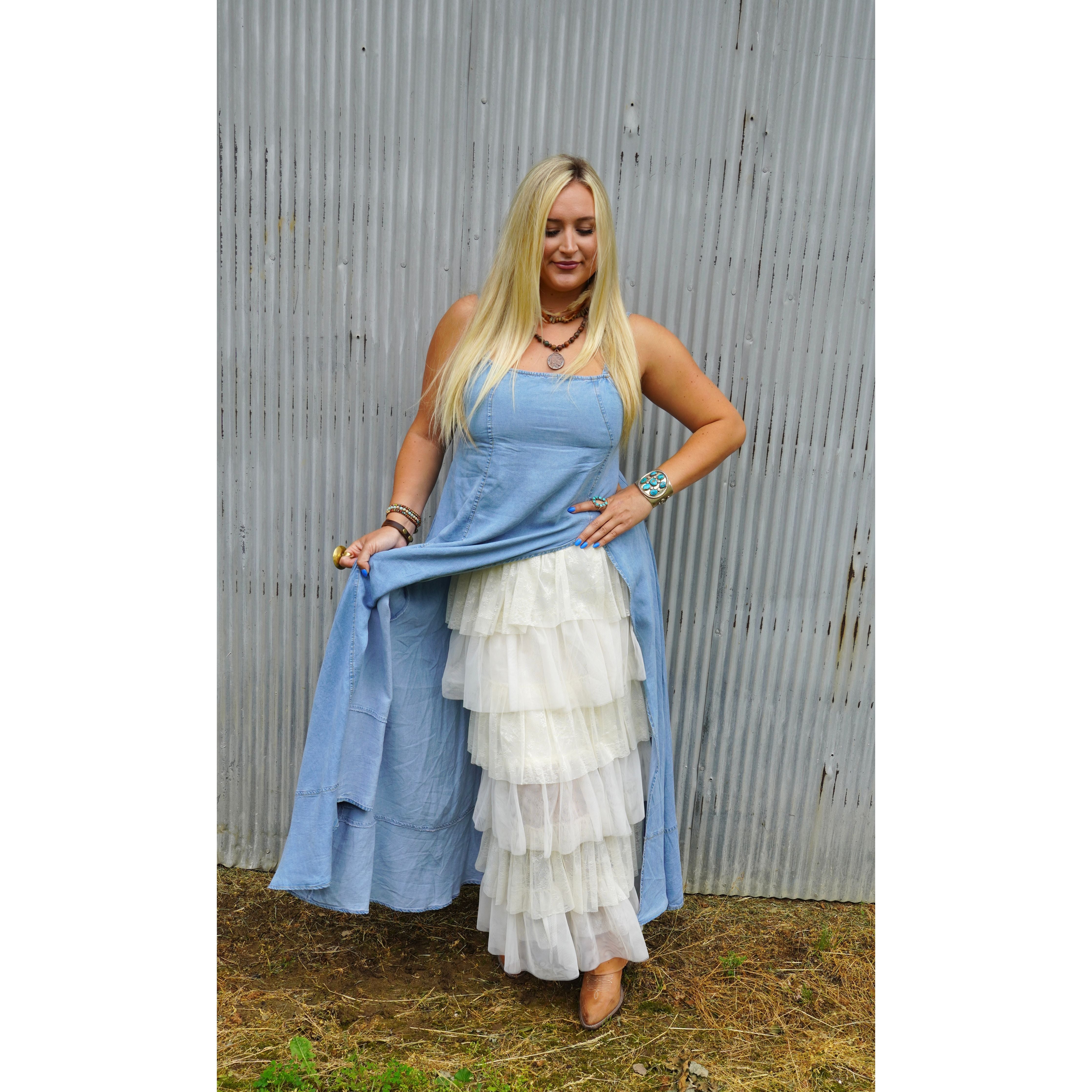 White Lace Ruffled Tiered Maxi Skirt