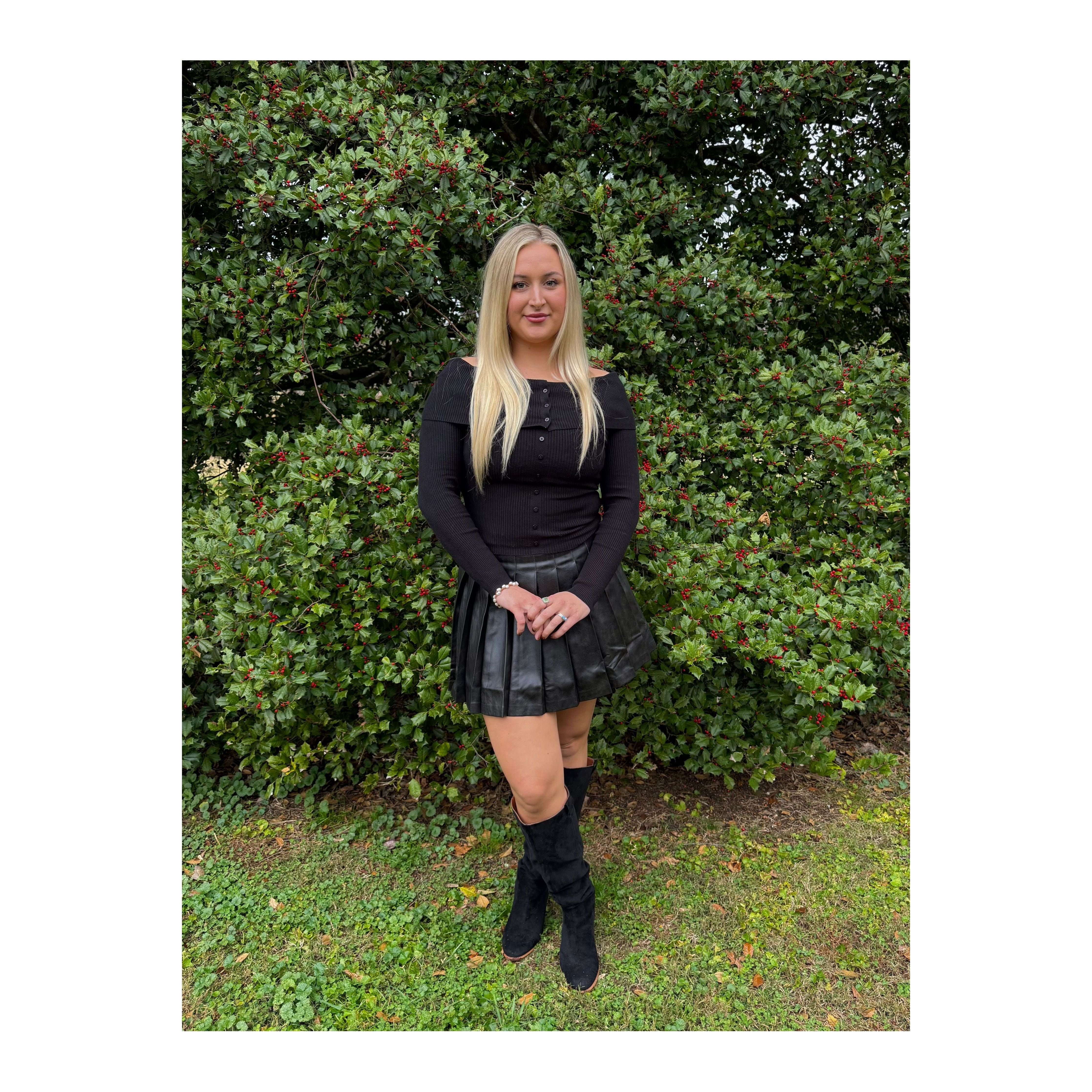 Off the Shoulder Button Front Black Top