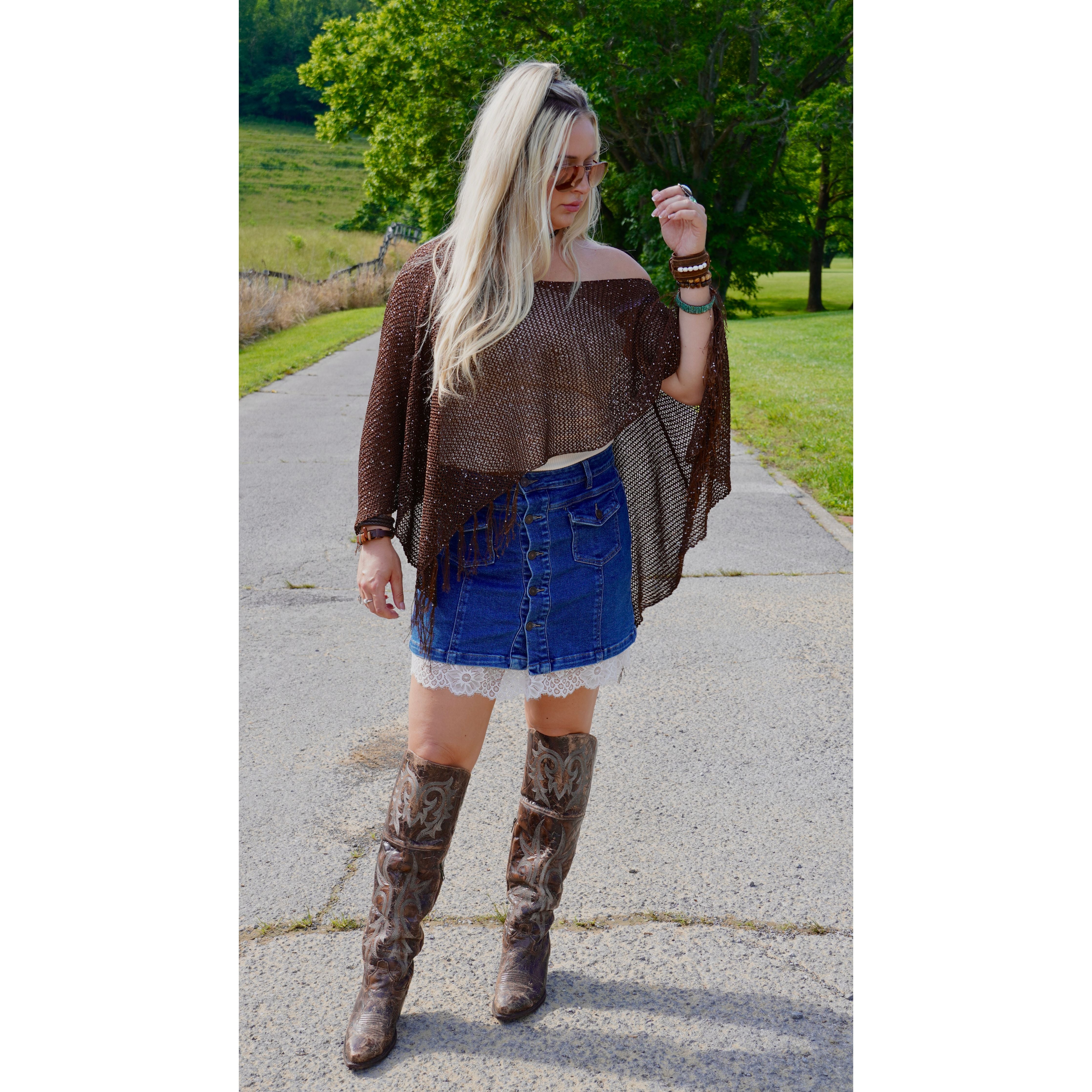 Brown Sequin Tassel Poncho
