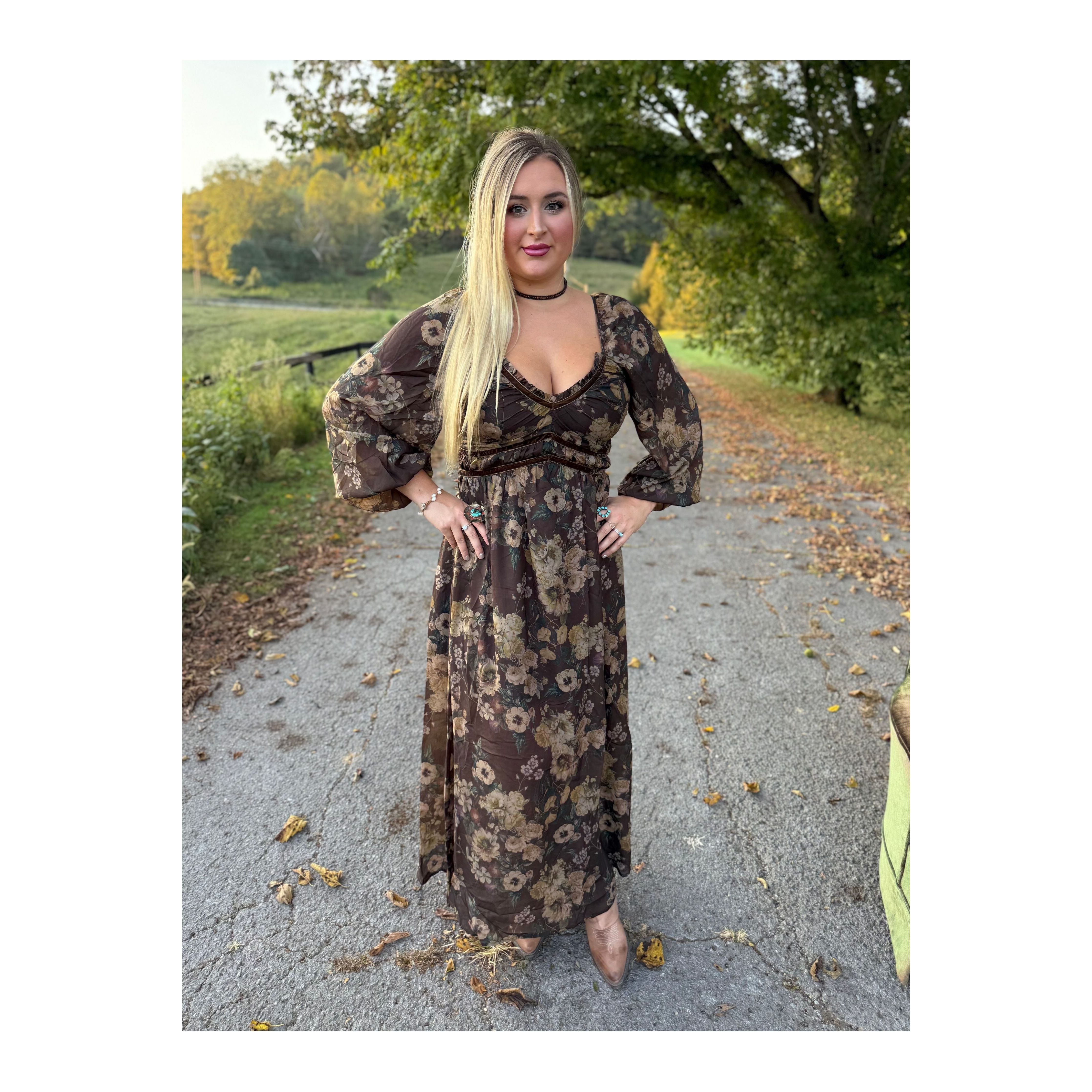 Floral Print Velvet Trimmed Maxi Dress with Slit