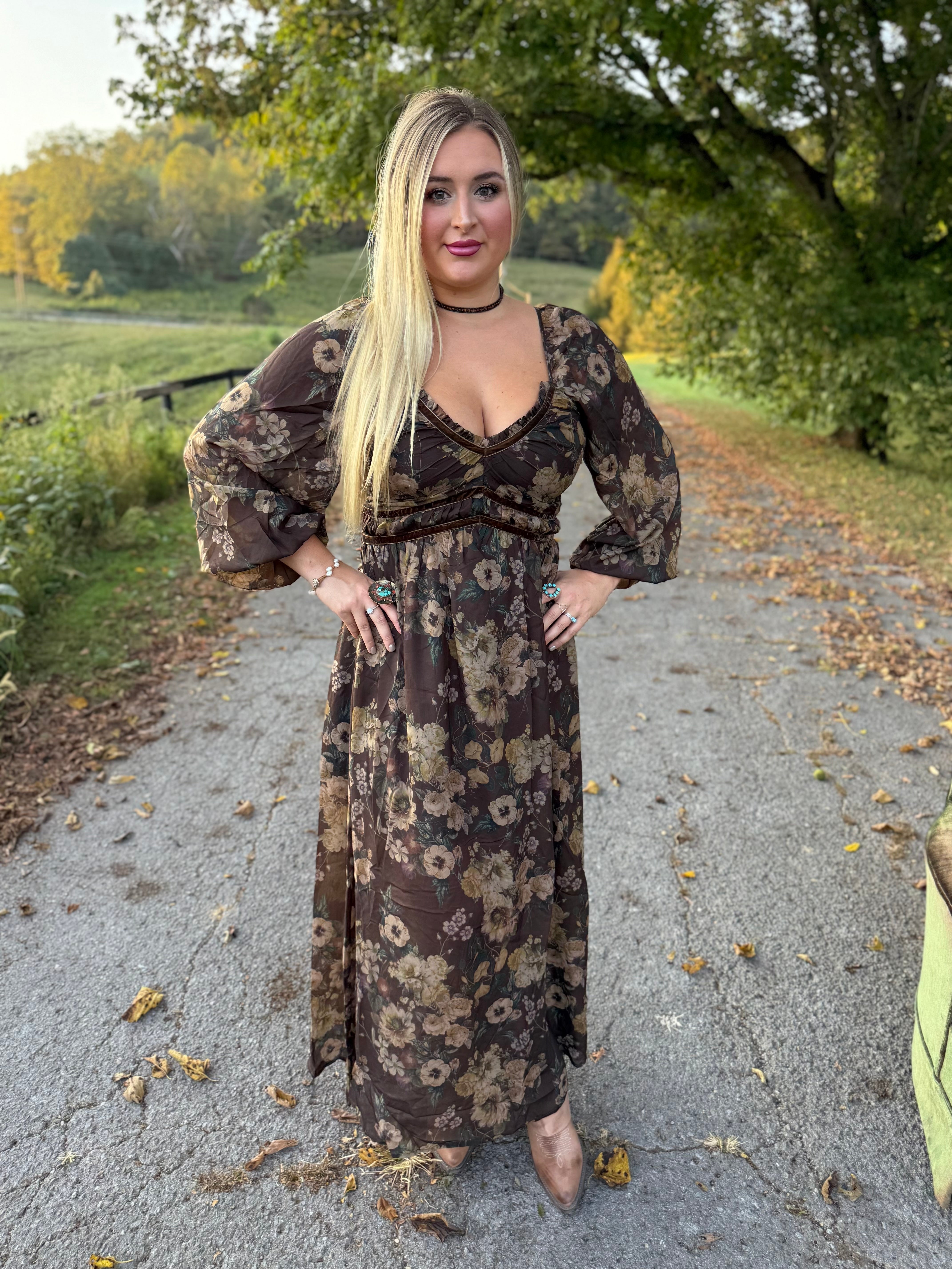 Floral Print Velvet Trimmed Maxi Dress with Slit