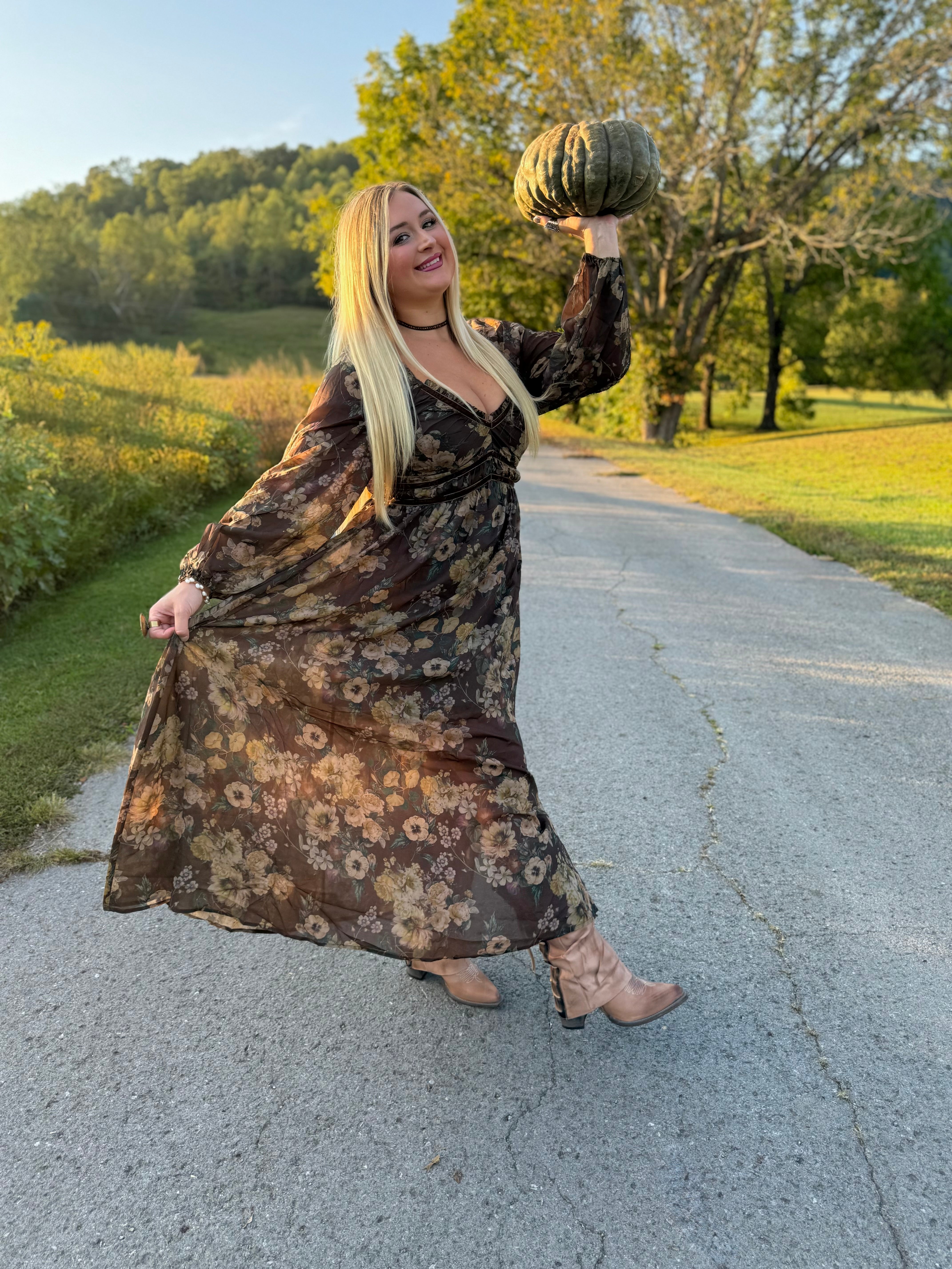 Floral Print Velvet Trimmed Maxi Dress with Slit