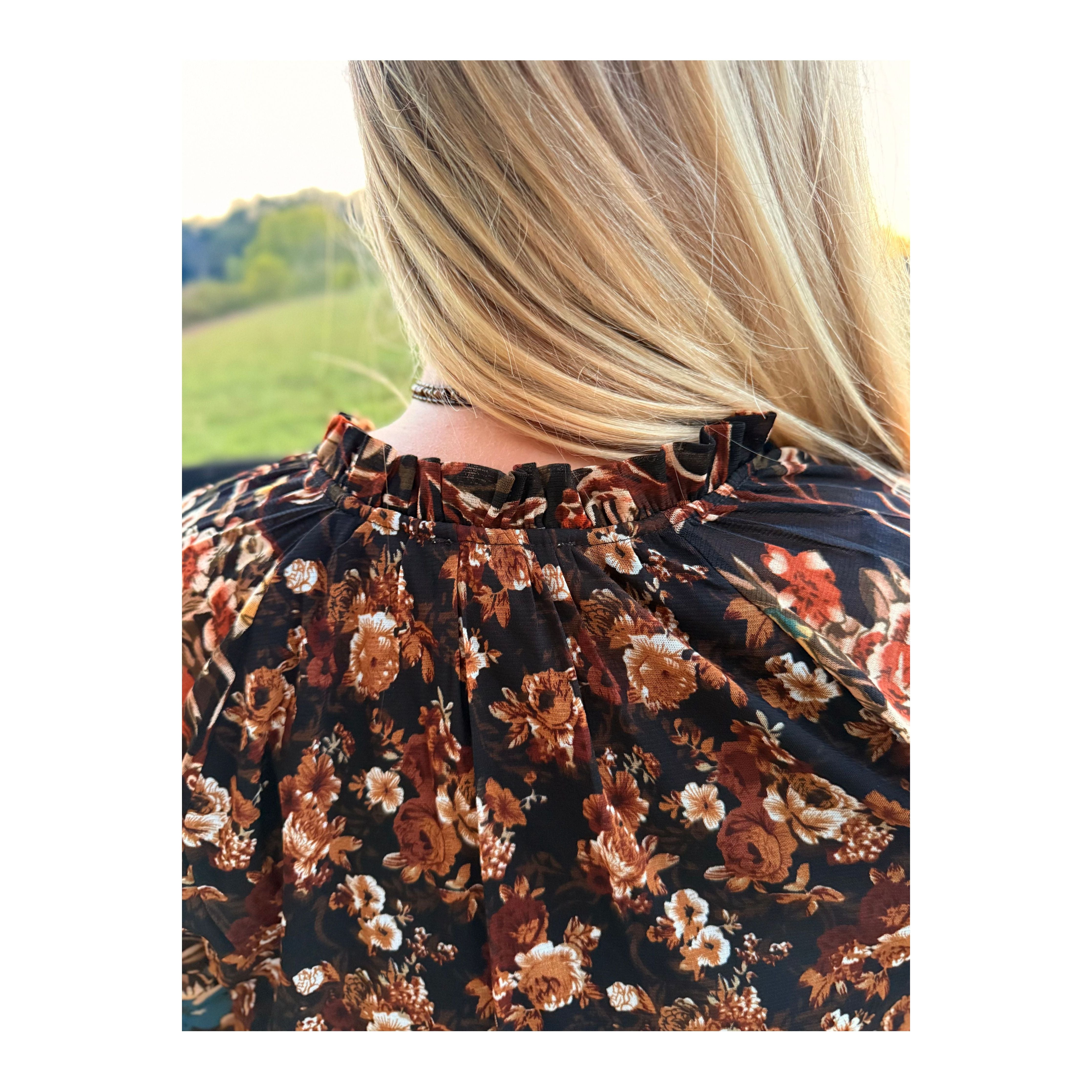 Black Floral Ruffle Maxi Dress