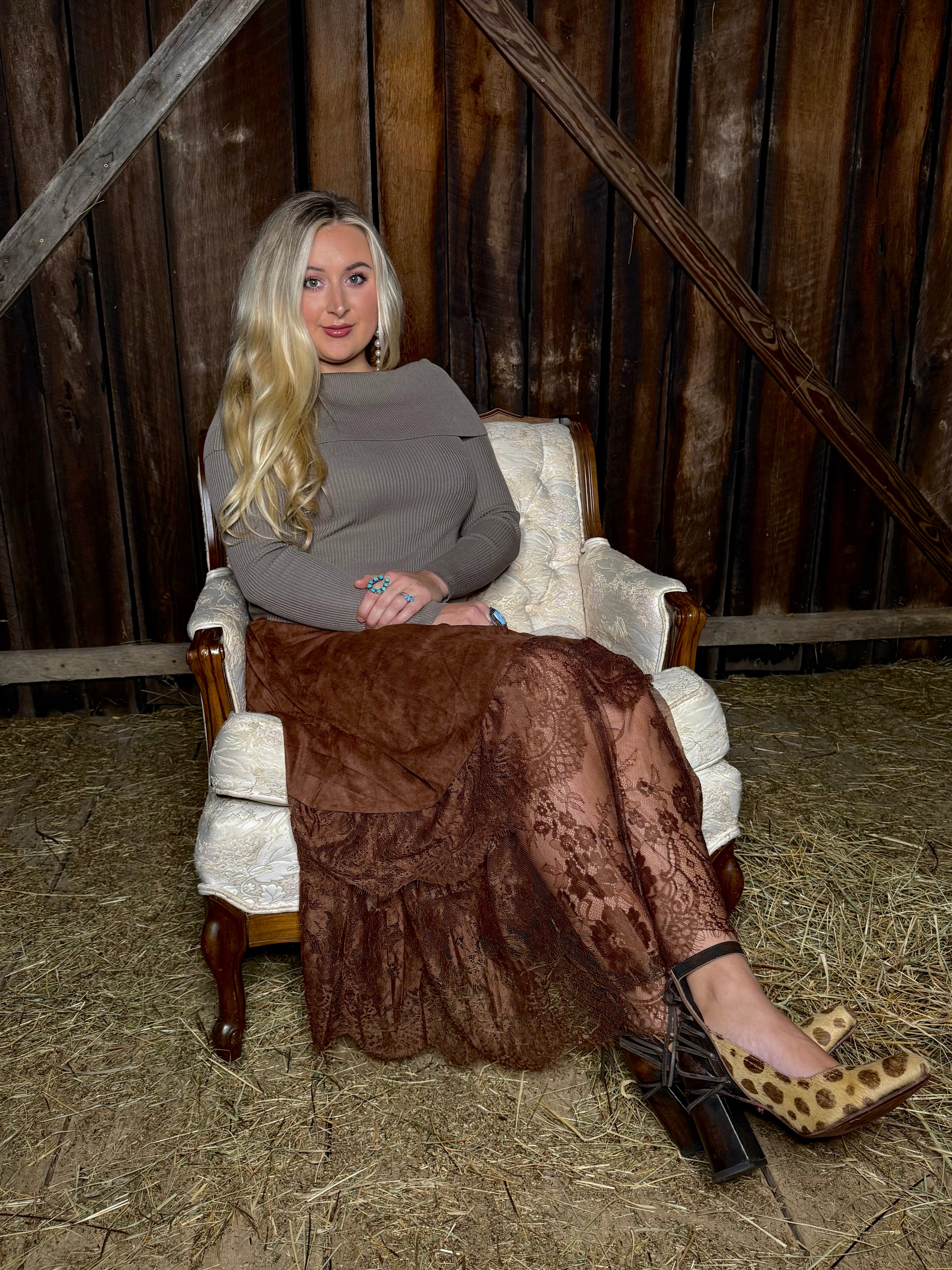 Faux Suede and Lace Brown Buckled Maxi Skirt