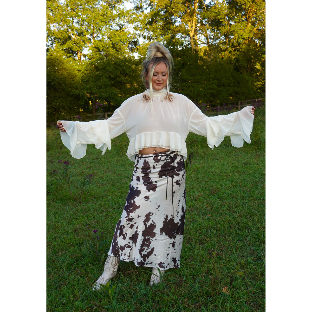 Cowhide Satin Skirt with leather belt