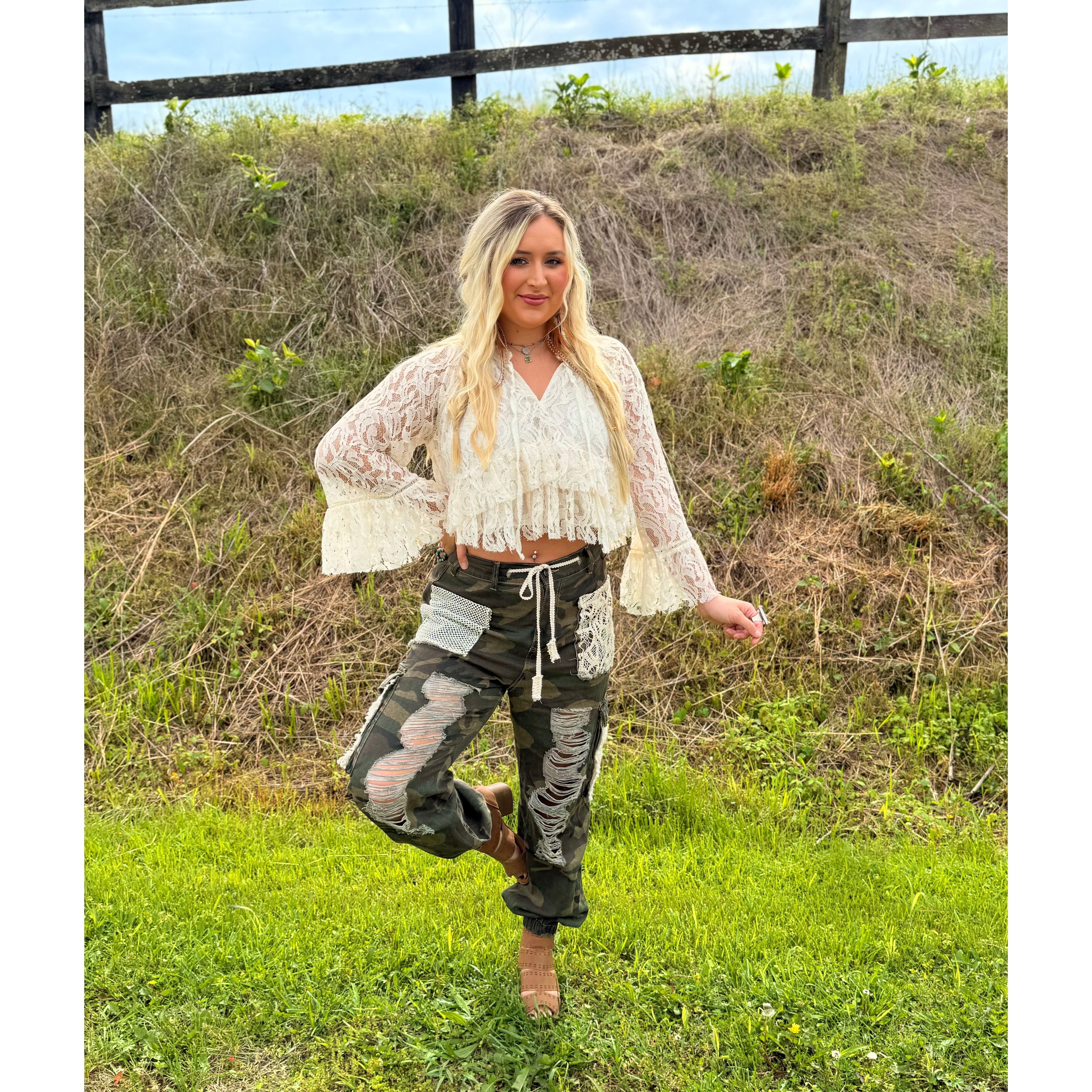 POL: Ripped Camo and Lace Joggers