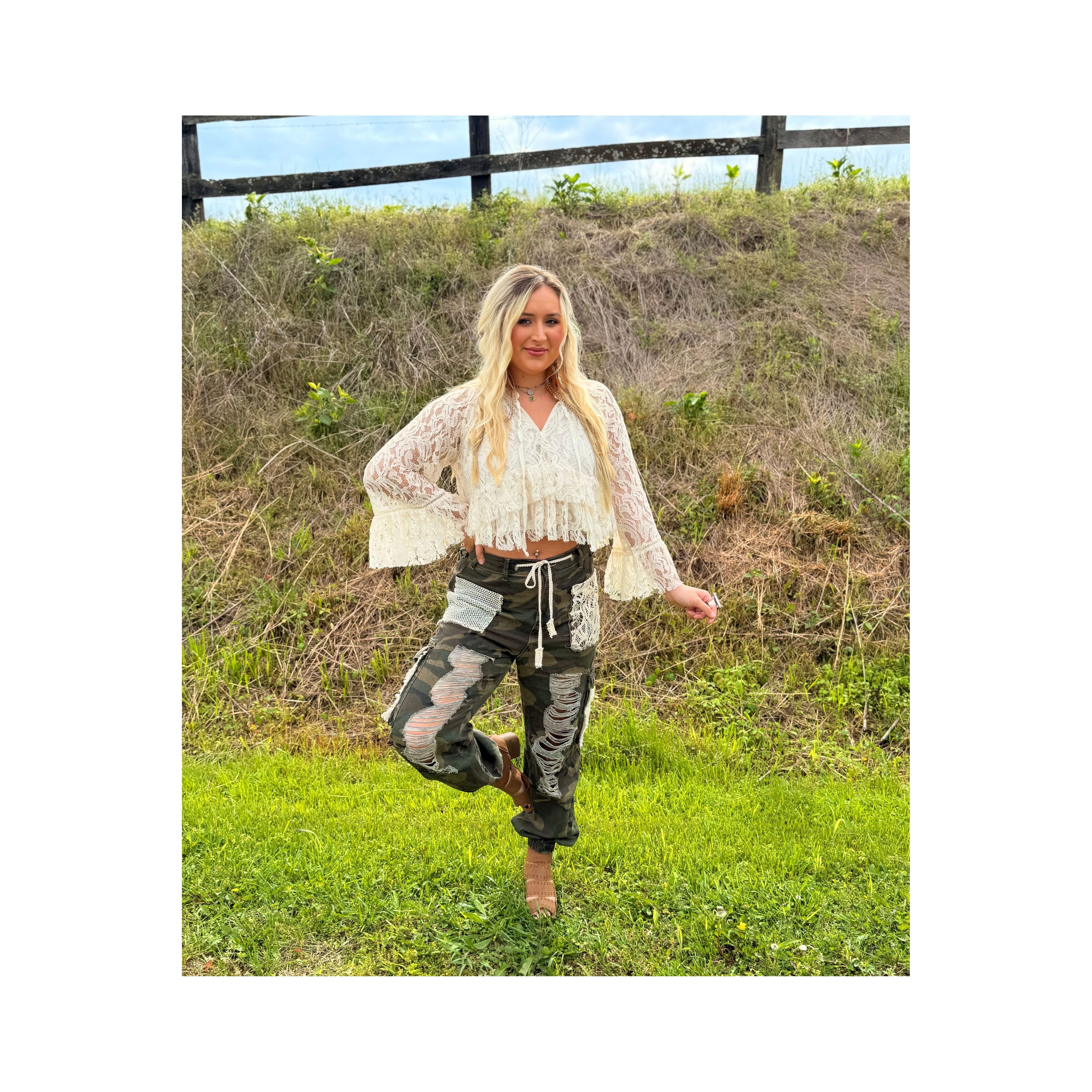 POL: Ripped Camo and Lace Joggers