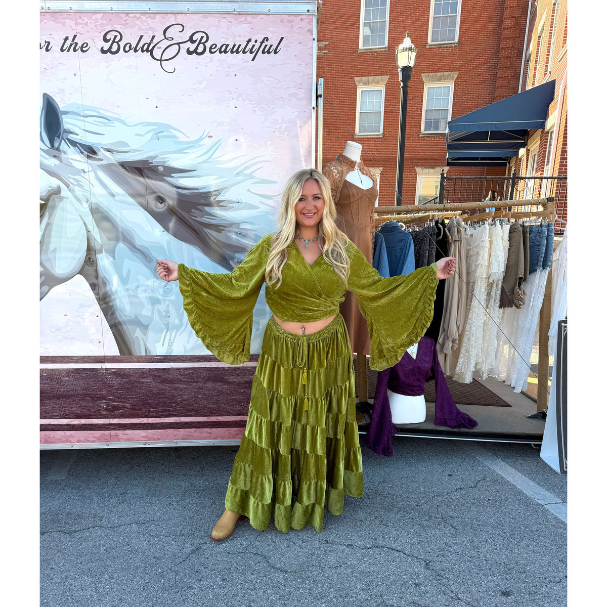 Green Velvet Bohemian Skirt & Top Set