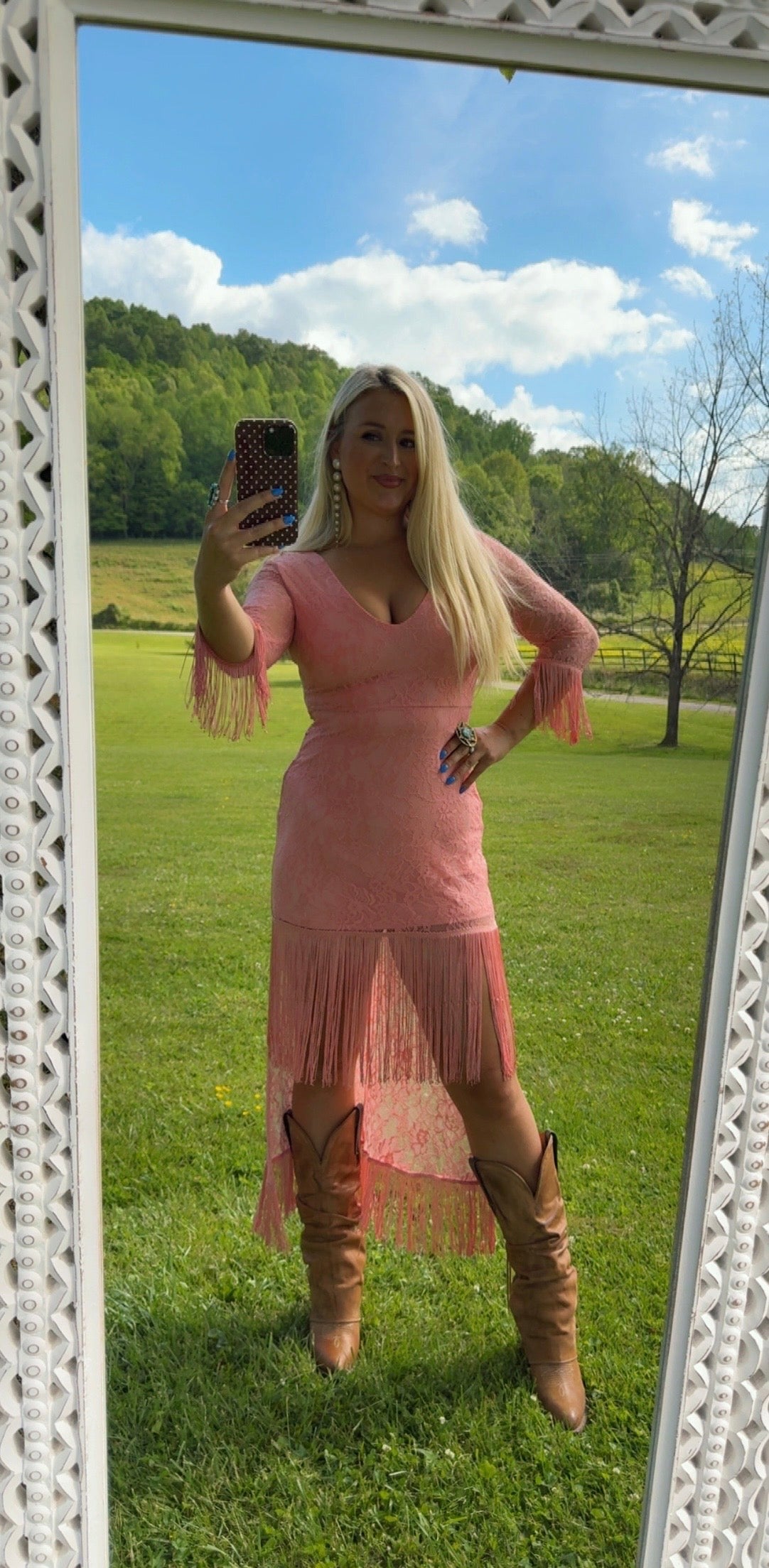 Baby Pink Lace High Low Fringe Dress