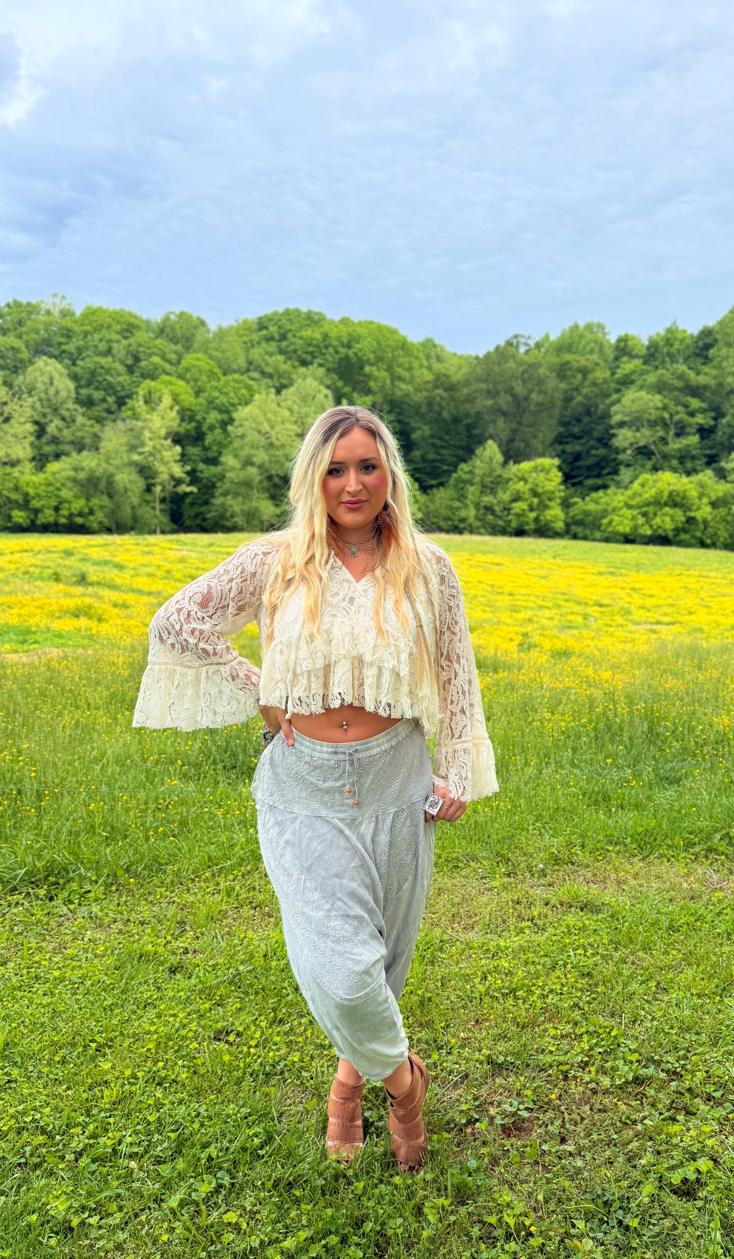 Dixie White Lace Bell-sleeve Top