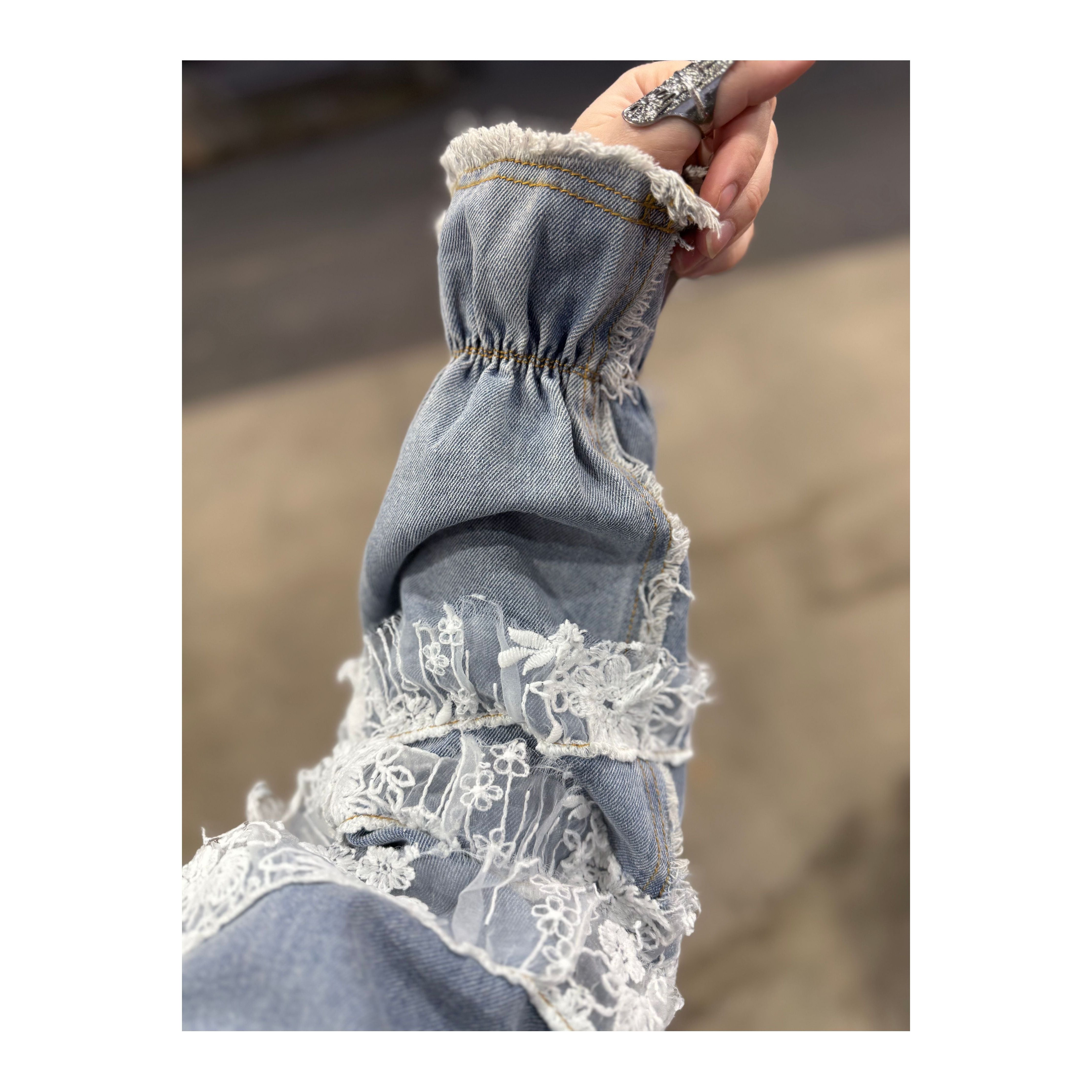 POL: Lainey Lace Trim Ruffle Denim Jacket