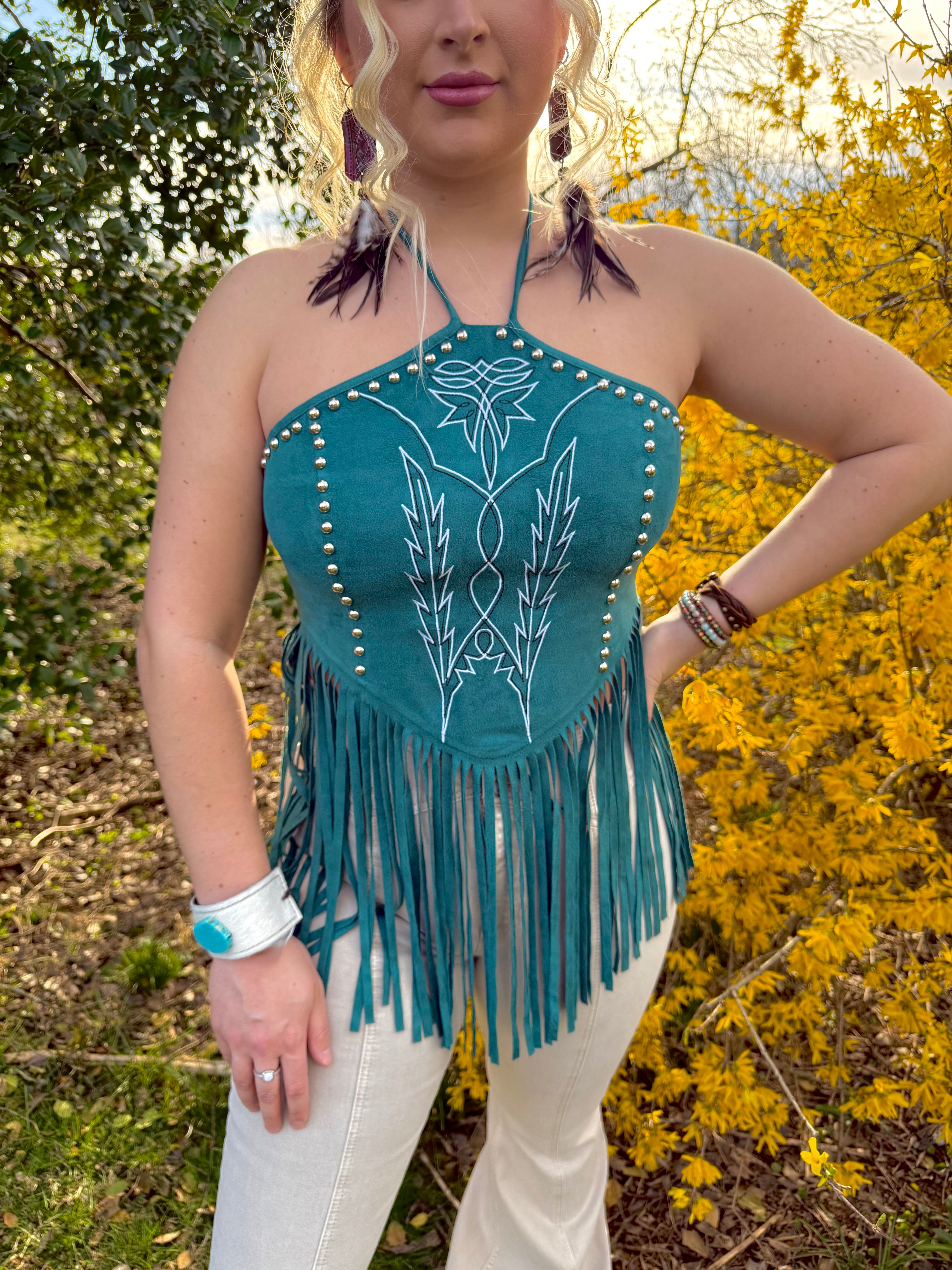 LUCKY & BLESSED Fringe Suede Halter Top