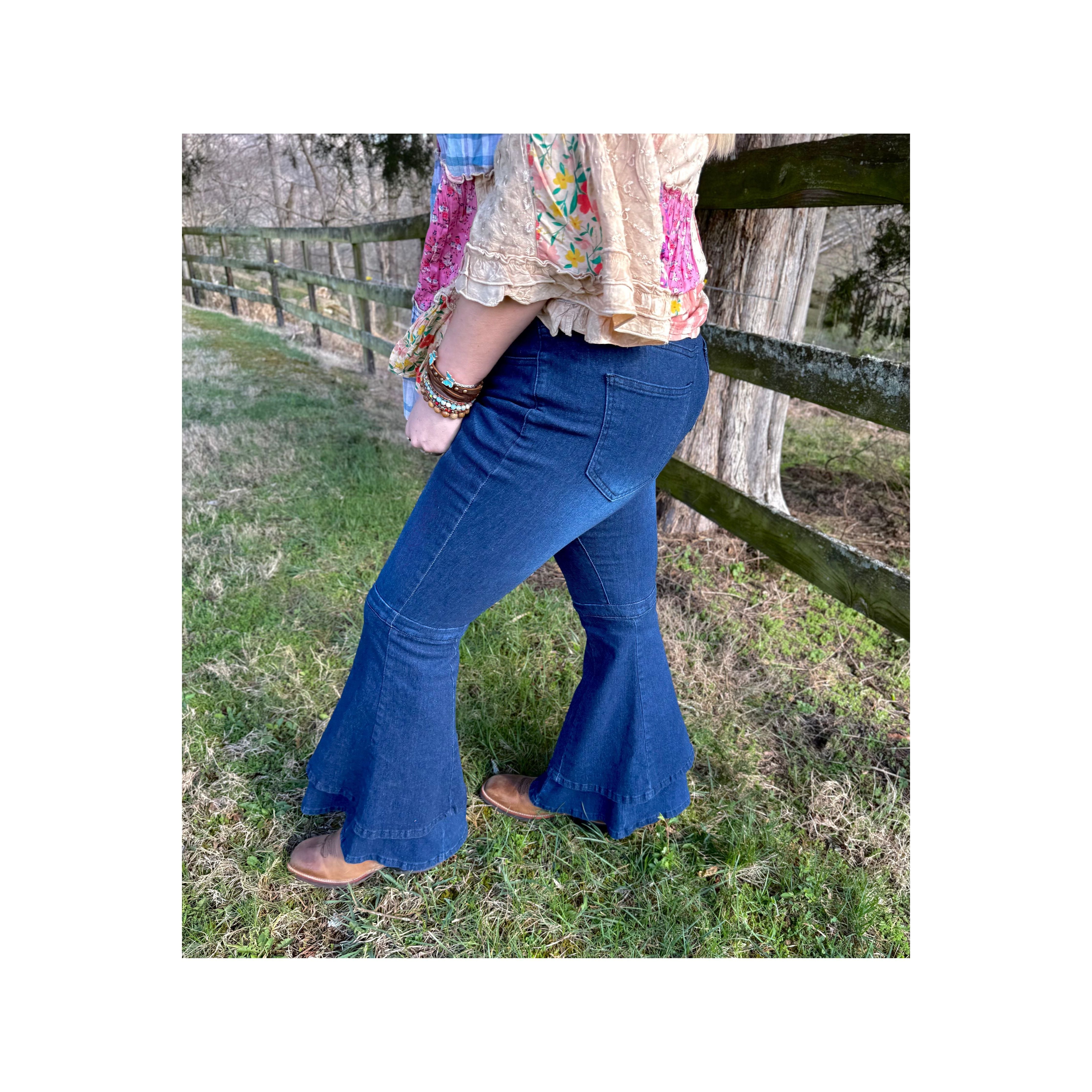 Jenny Layered Ruffle Flare Jeans Dark Wash