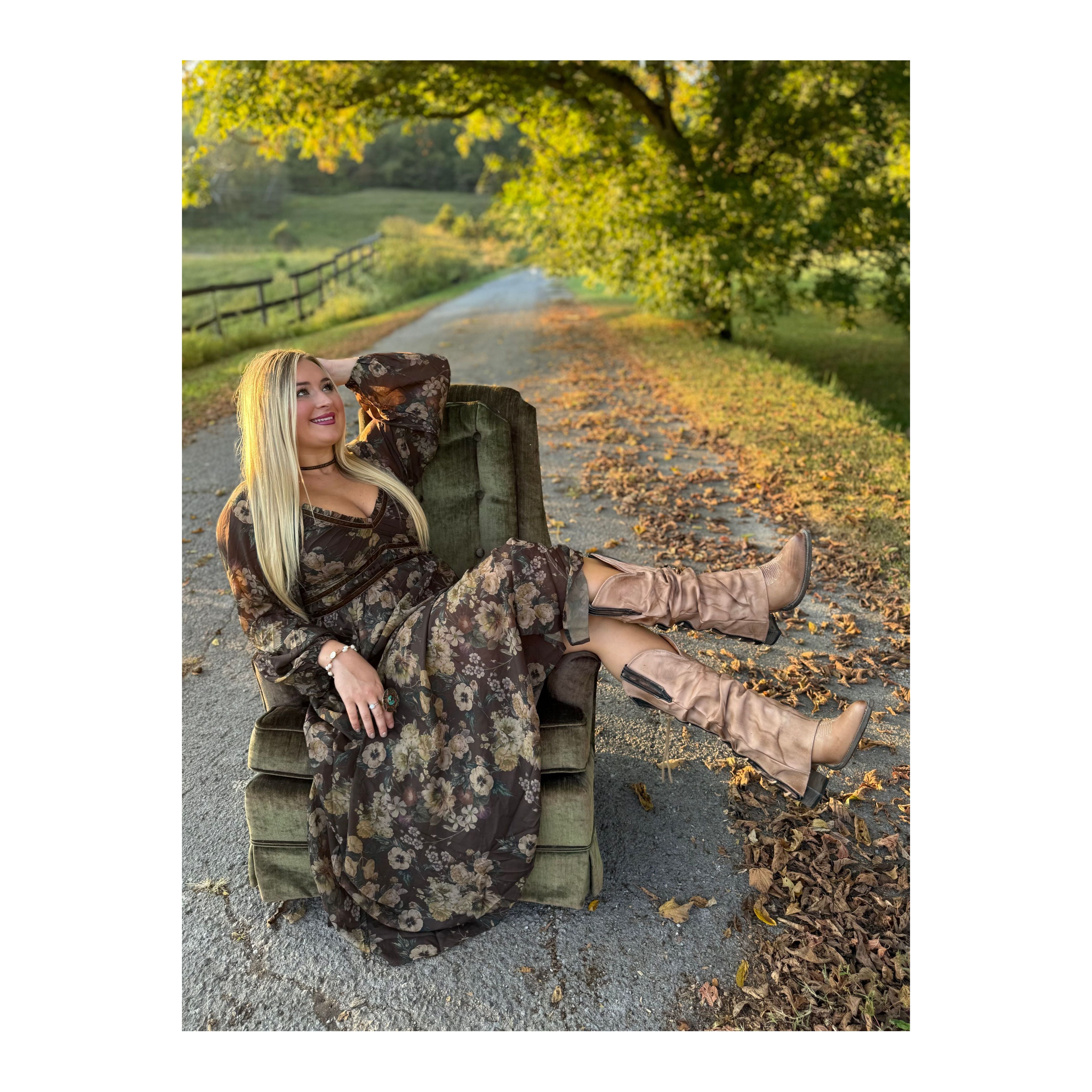 Floral Print Velvet Trimmed Maxi Dress with Slit