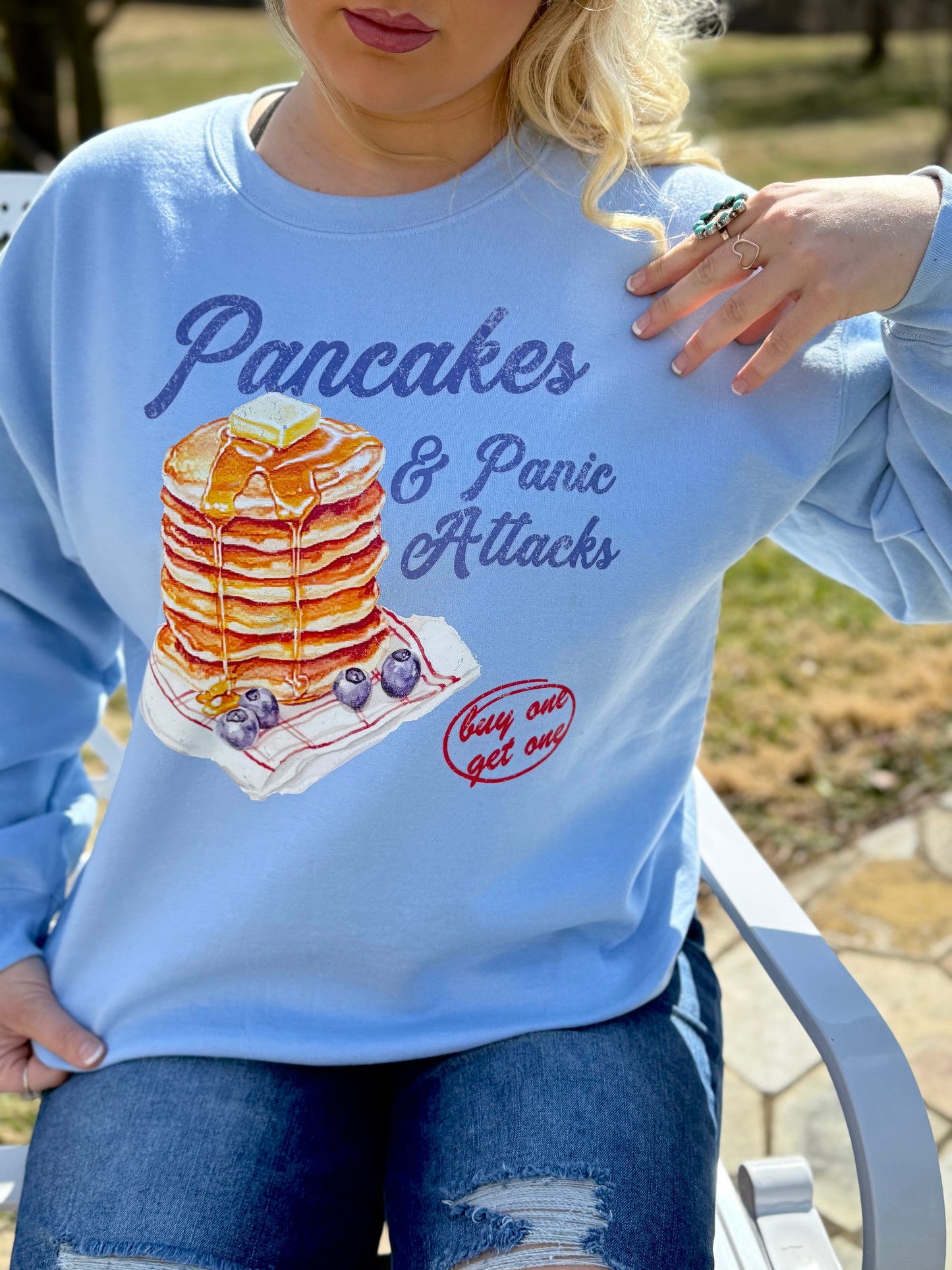 Pancakes & Panic Attacks Baby Blue Crewneck Sweatshirt