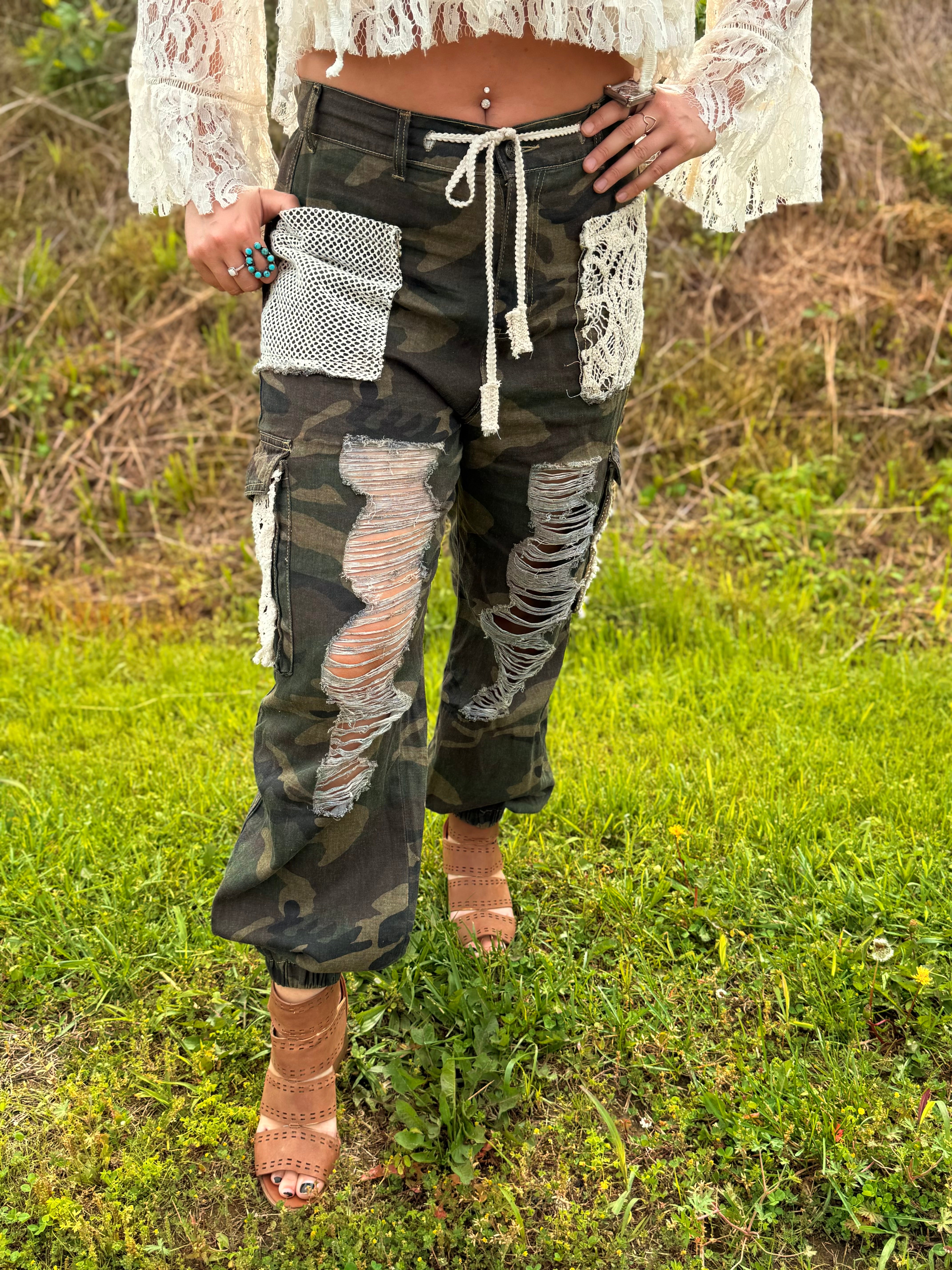POL: Ripped Camo and Lace Joggers