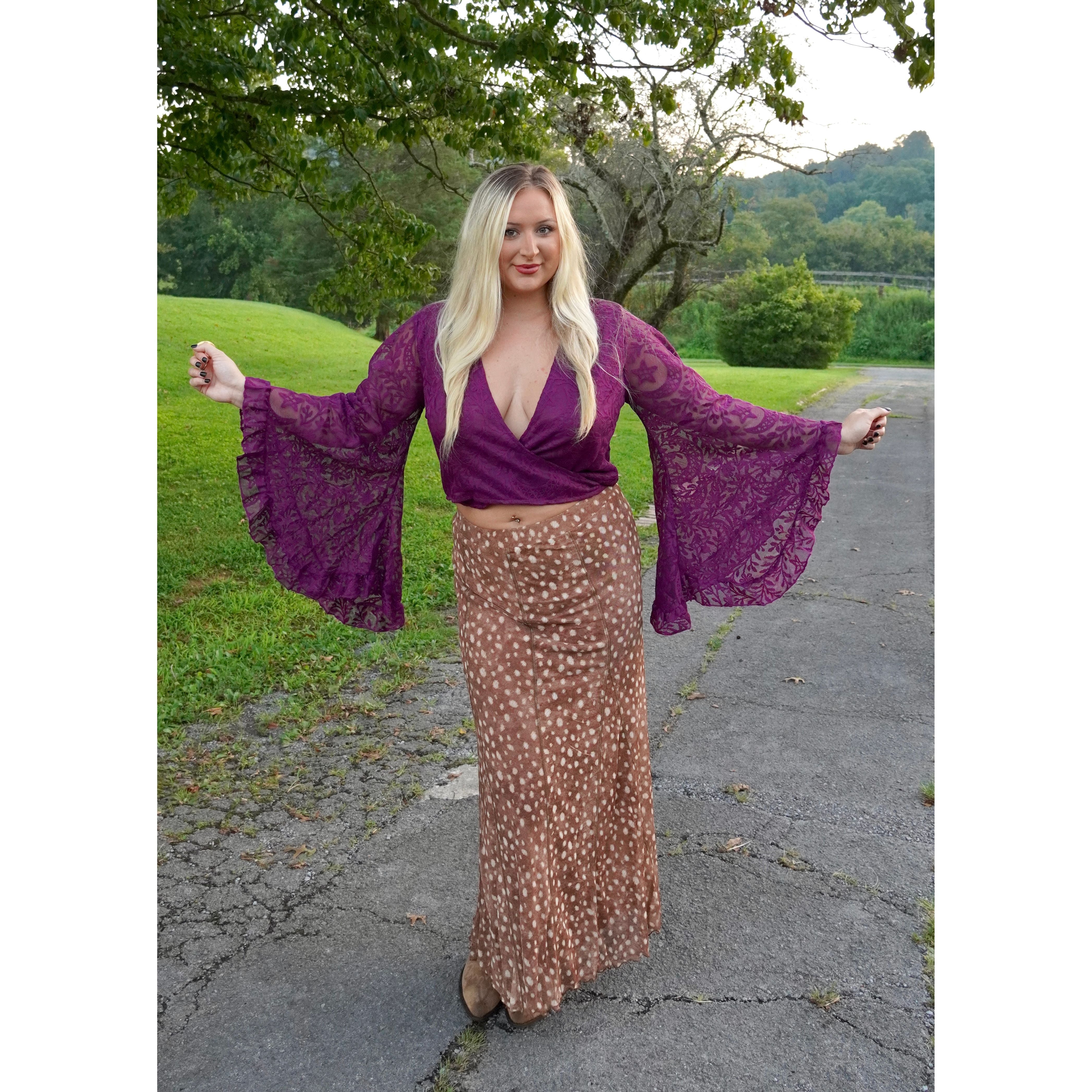 Plum Lace Ruffle Sleeve Wrap Top