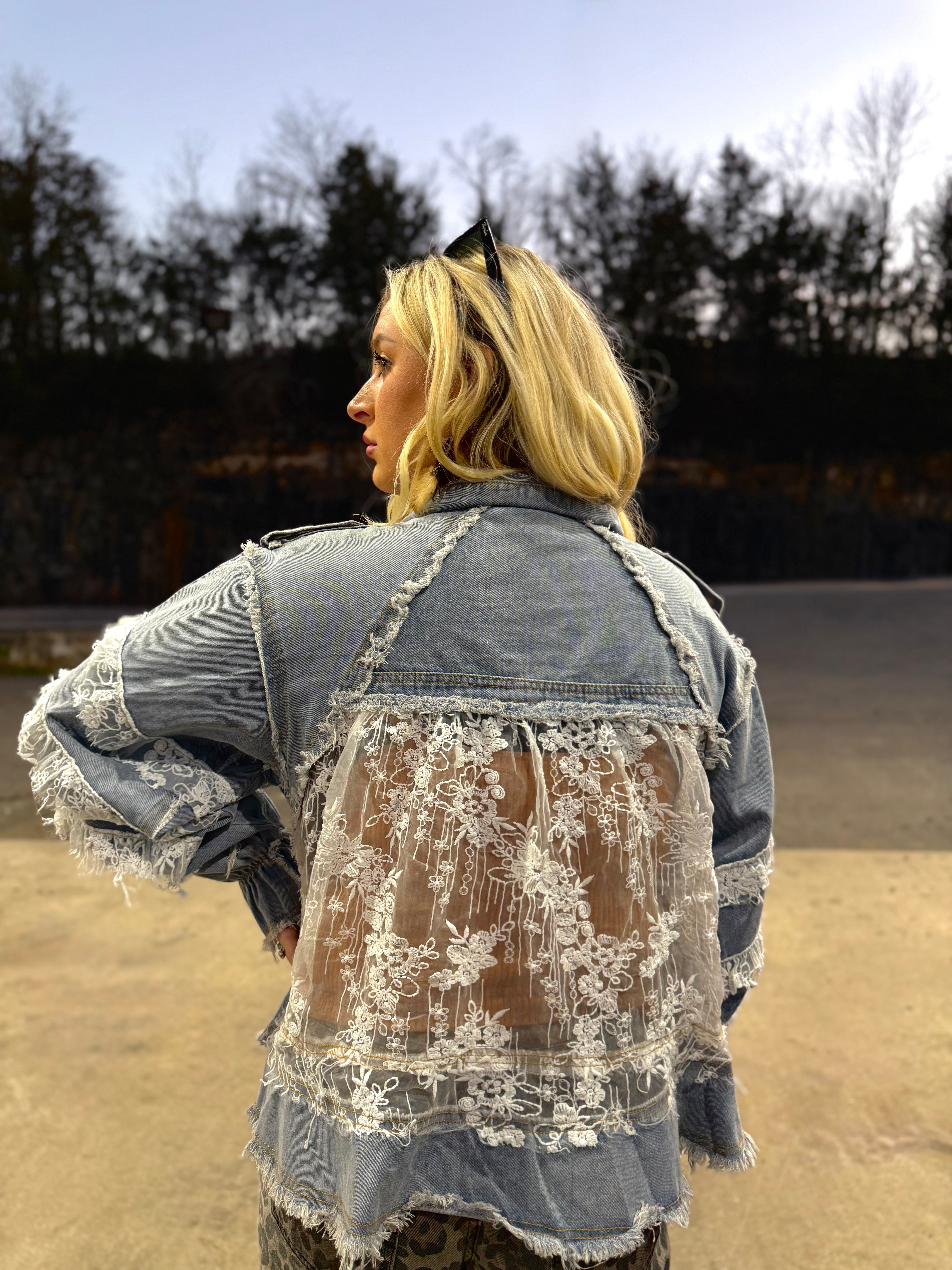POL: Lainey Lace Trim Ruffle Denim Jacket
