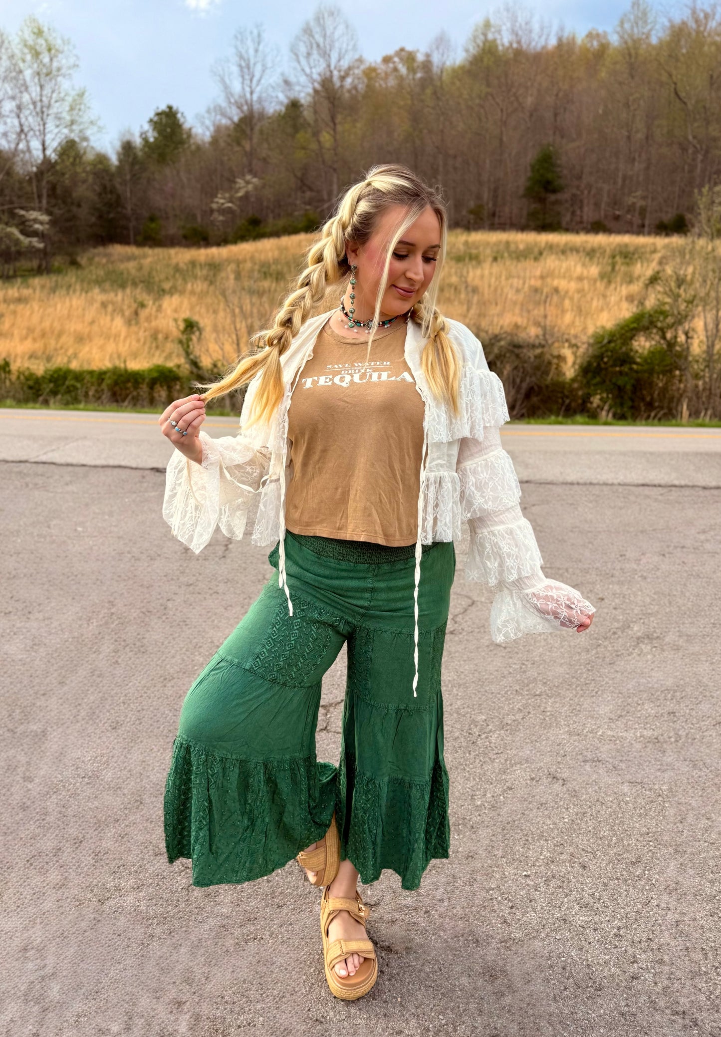 Jasmine Embroidered Tiered Flared Pants
