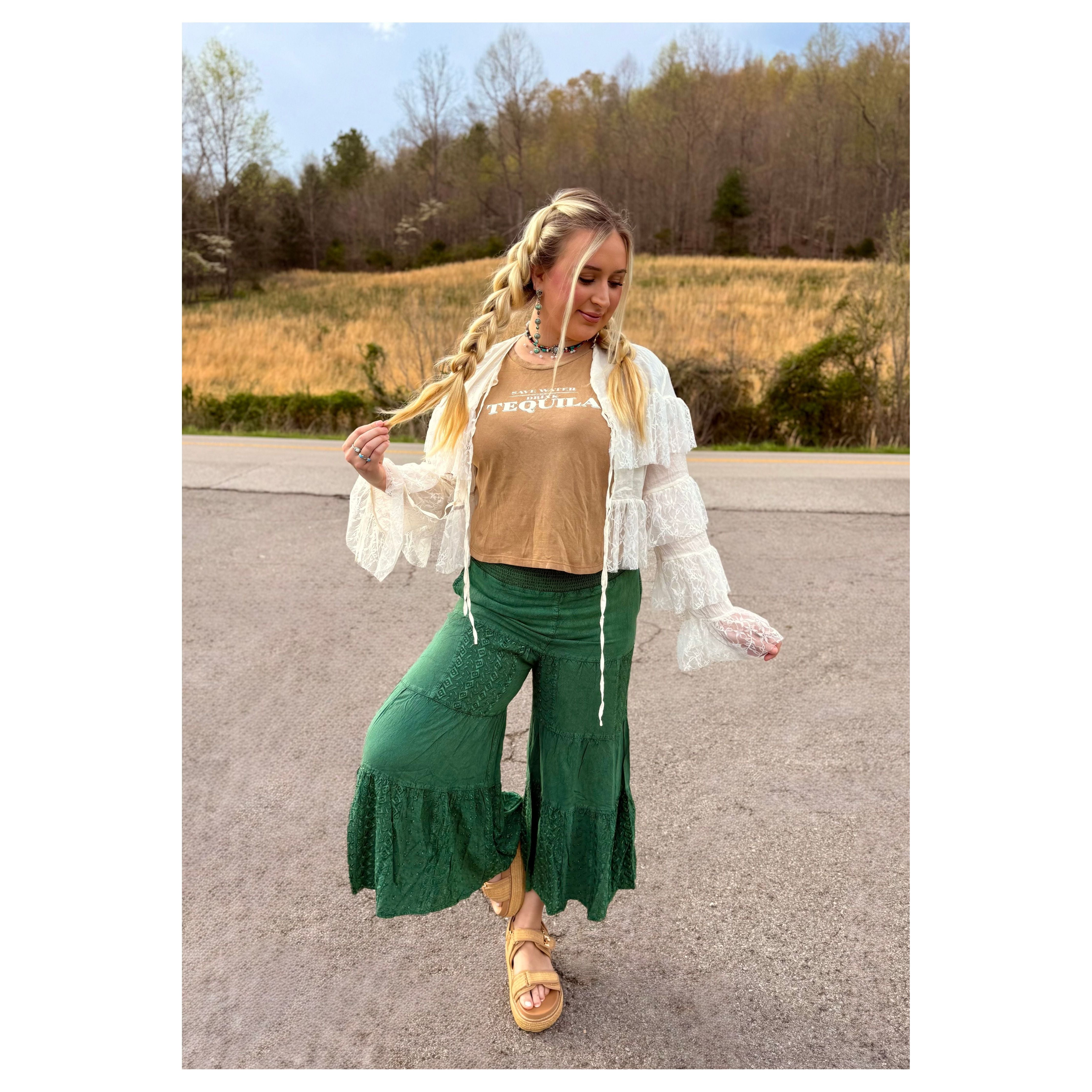 Green Embroidered Tiered Flared Pants