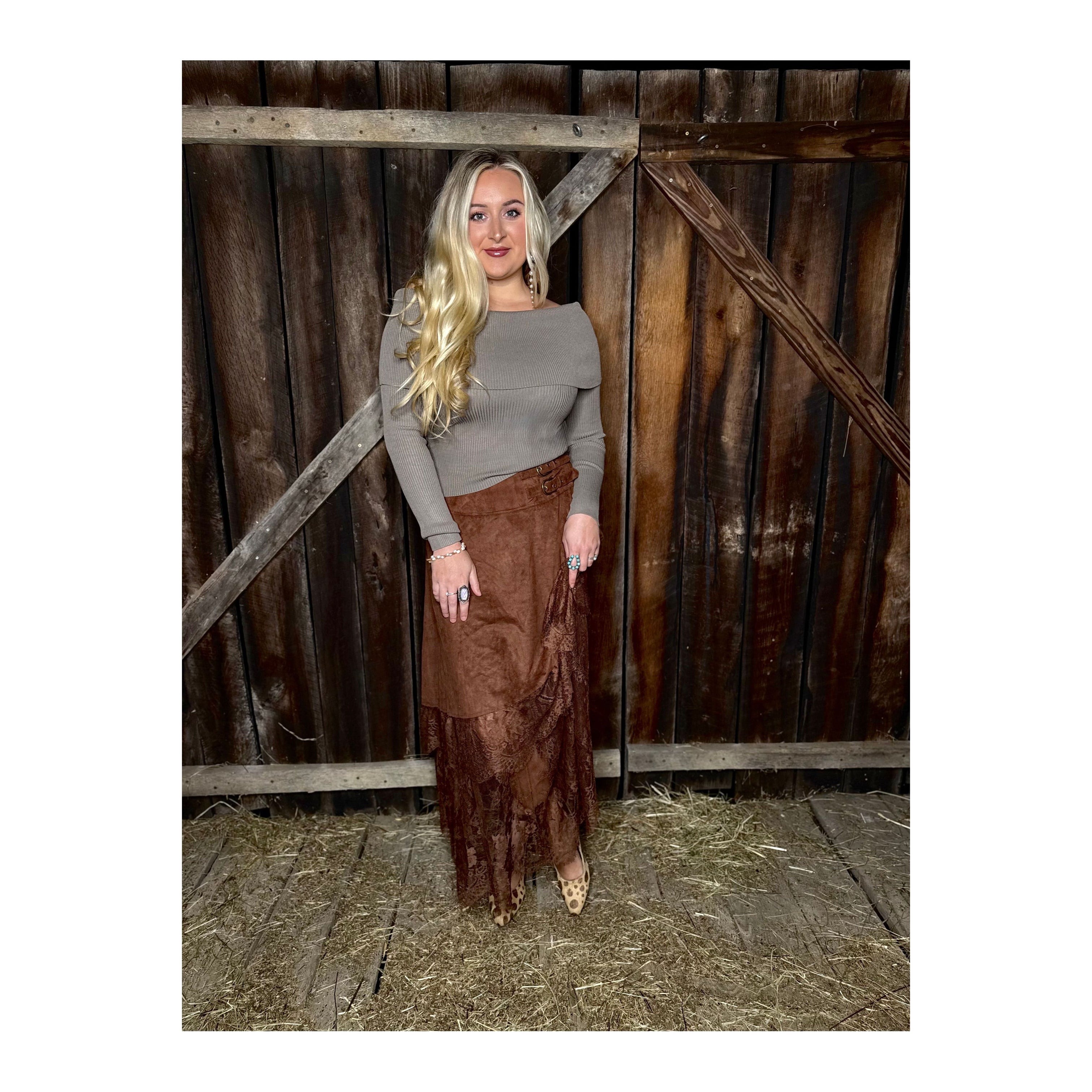 Faux Suede and Lace Brown Buckled Maxi Skirt