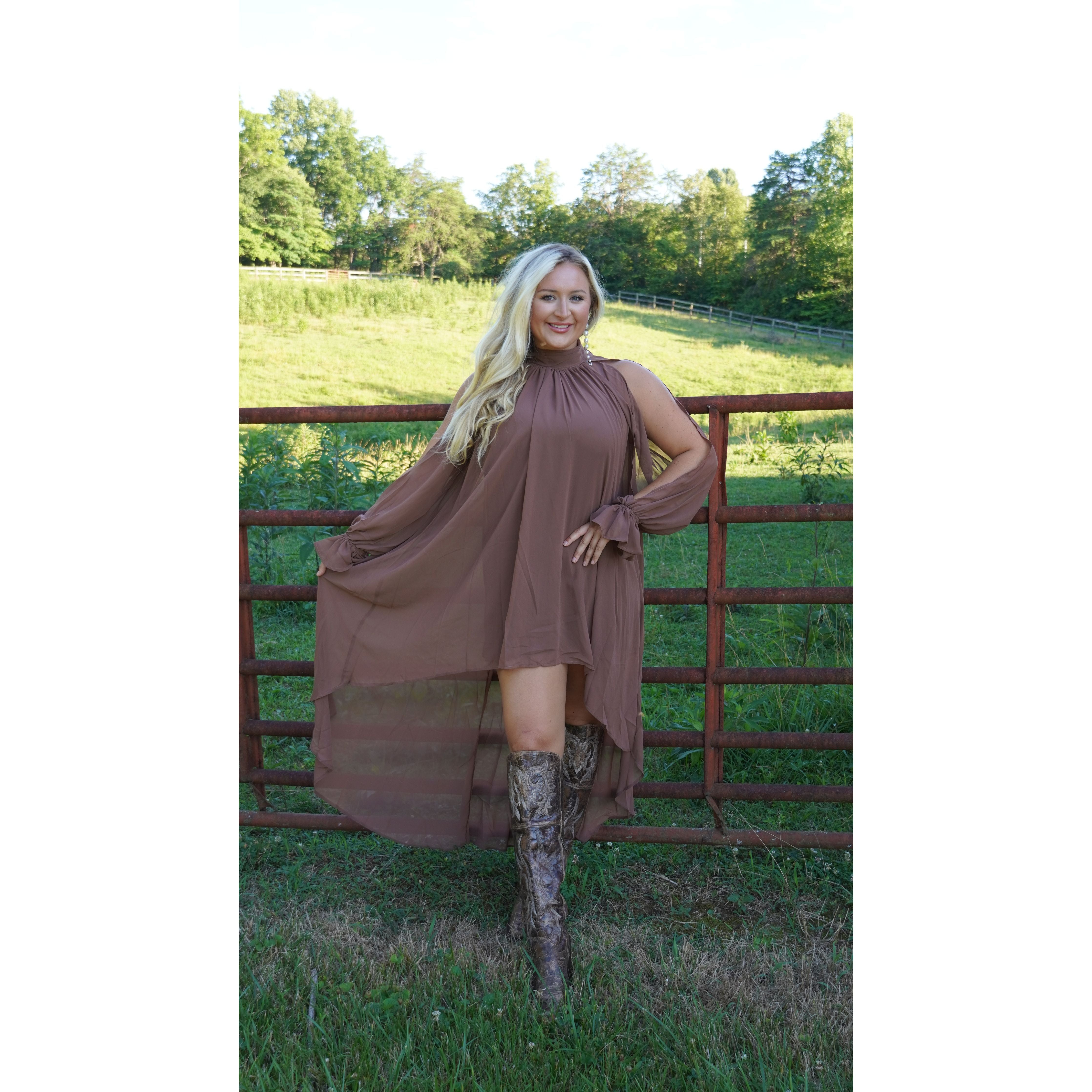 Elegant High Low Flowy Dress In Brown
