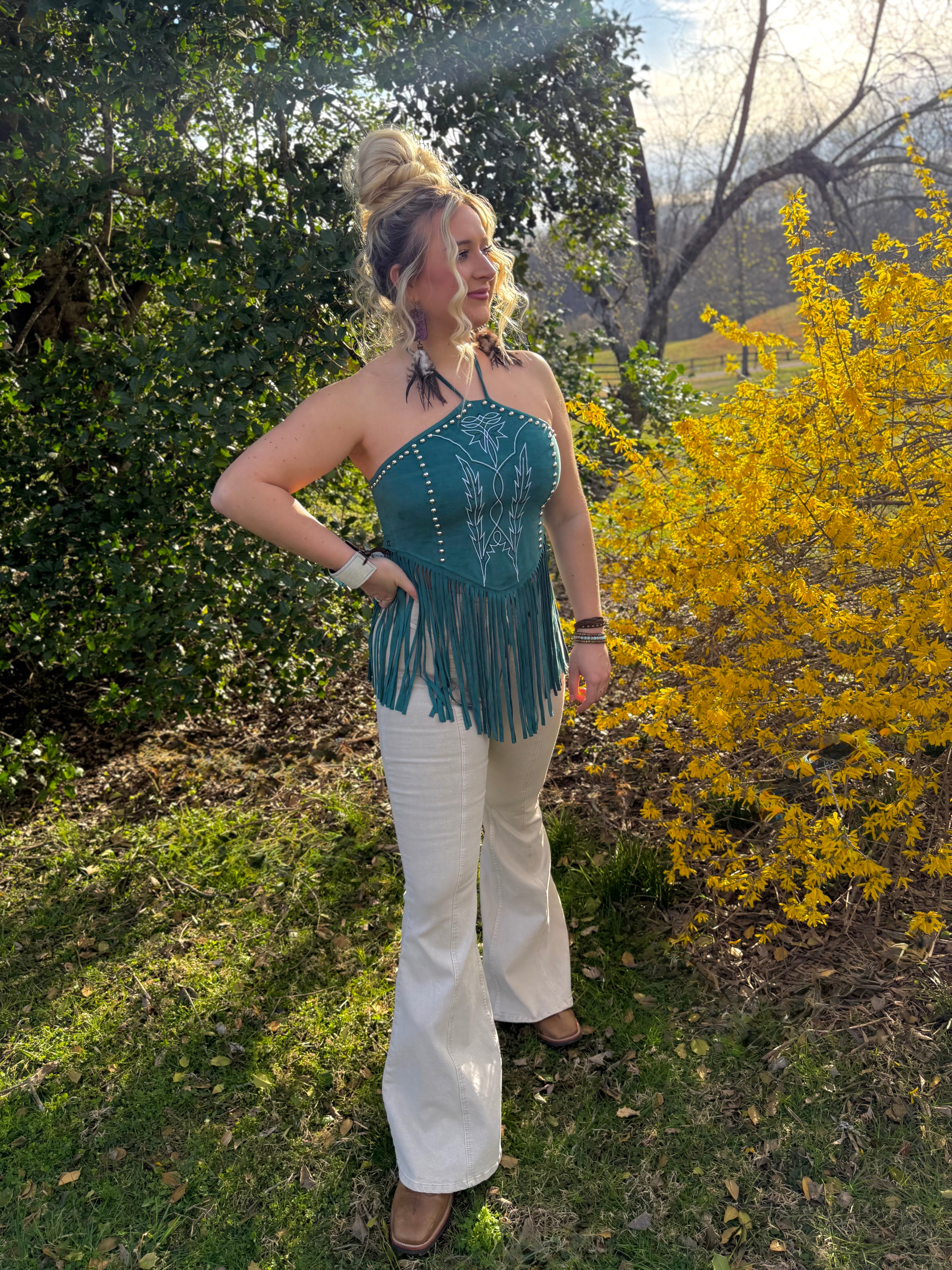 LUCKY & BLESSED Fringe Suede Halter Top