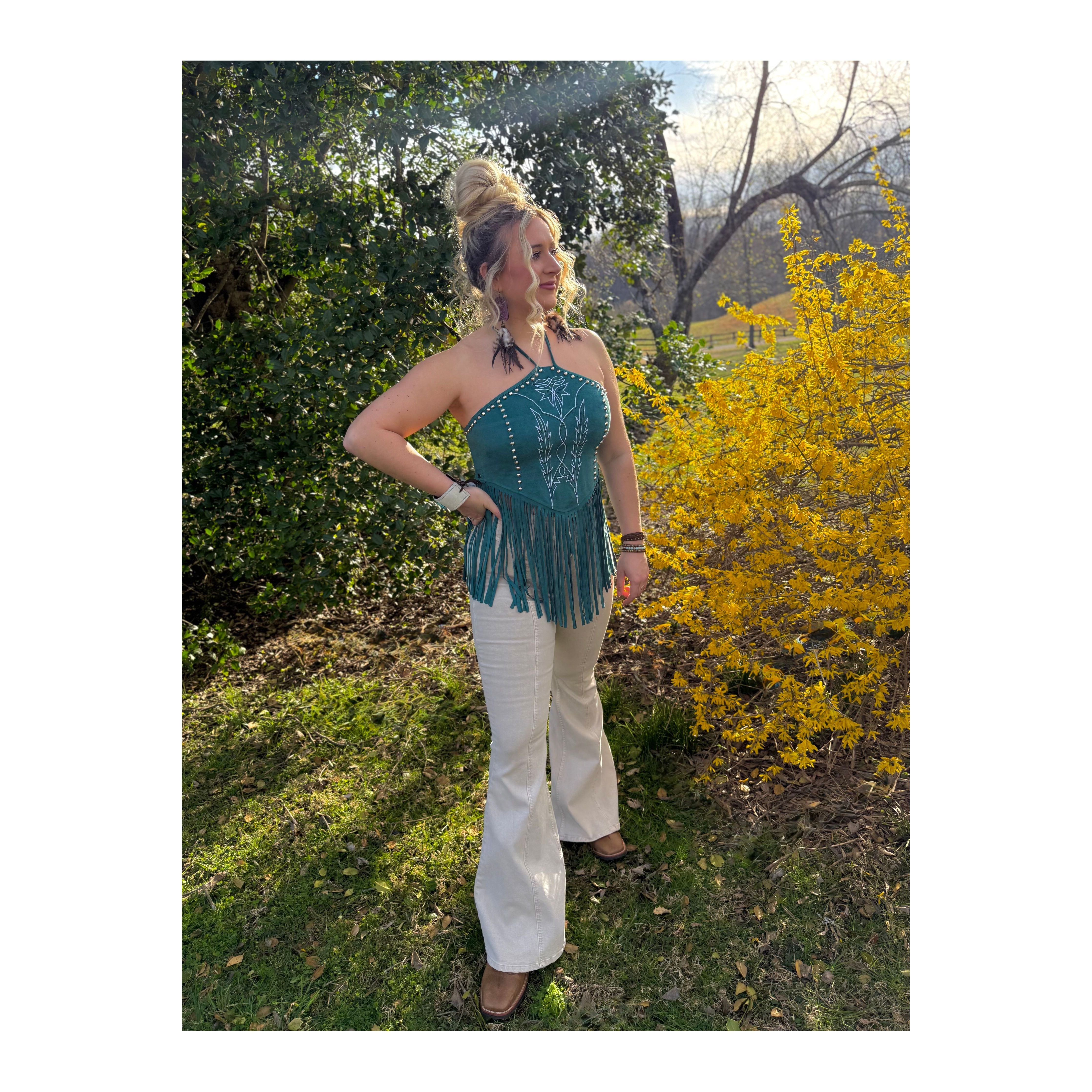 LUCKY & BLESSED Fringe Suede Halter Top