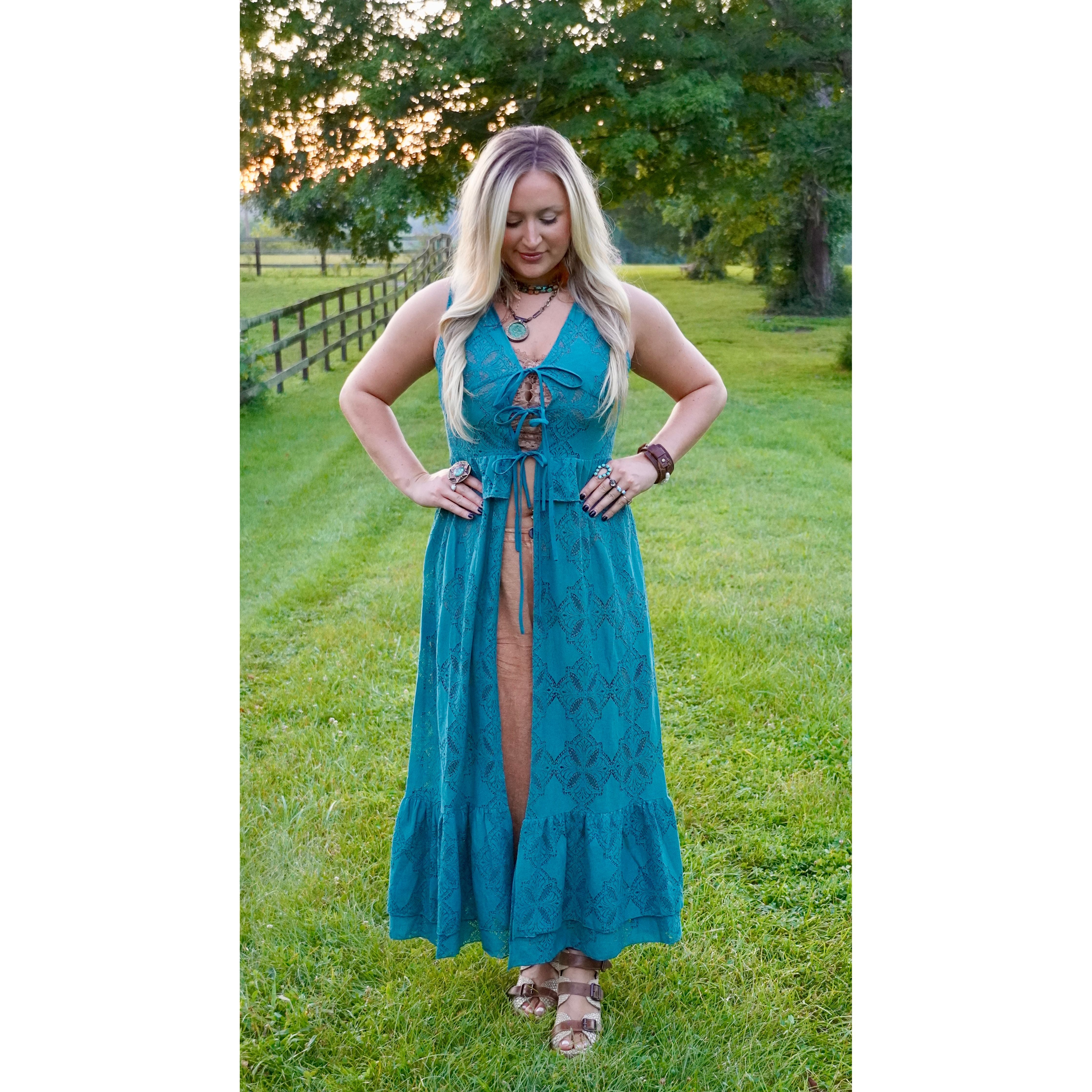 Teal Floral Lace Ruffled Tie Front Maxi Top