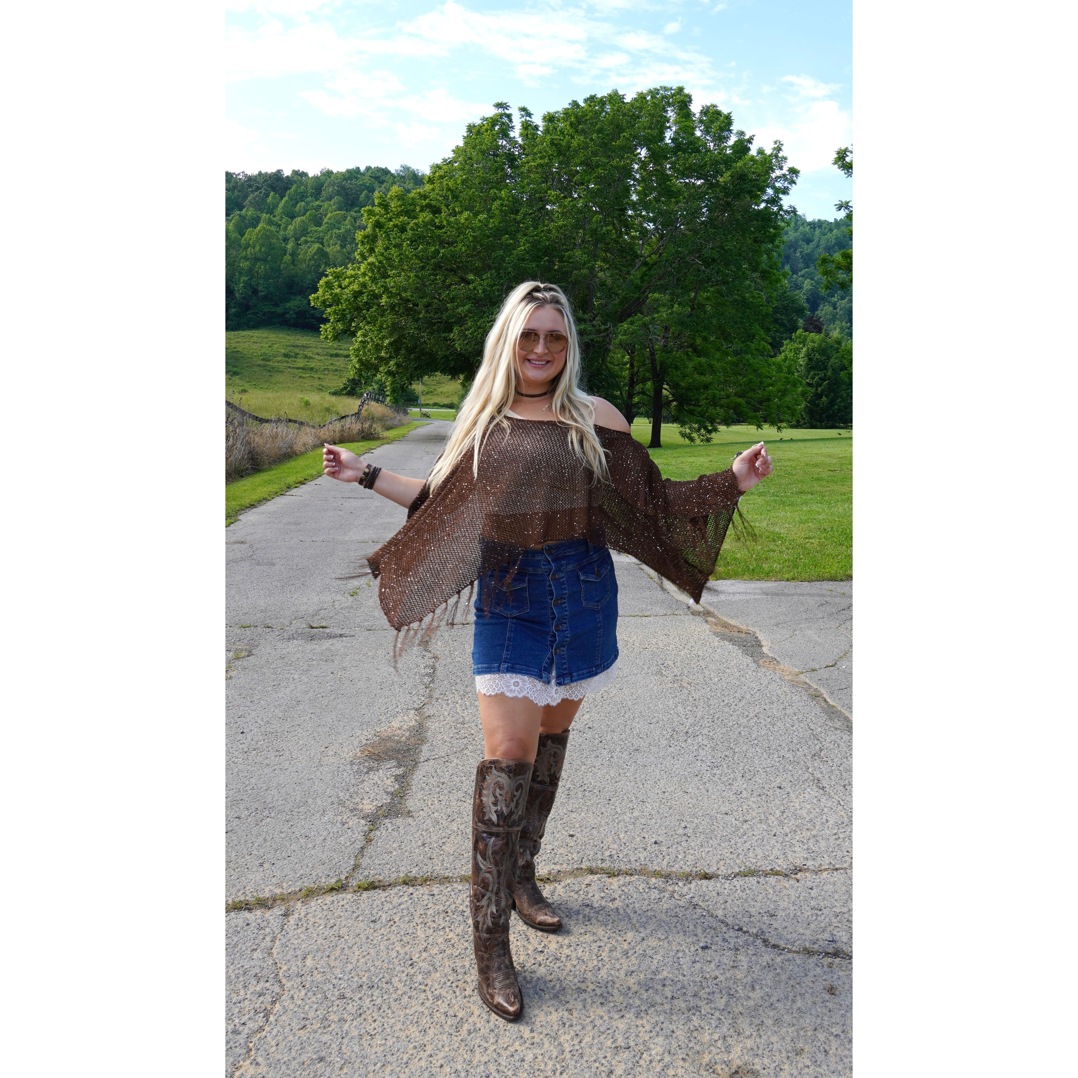 Brown Sequin Tassel Poncho