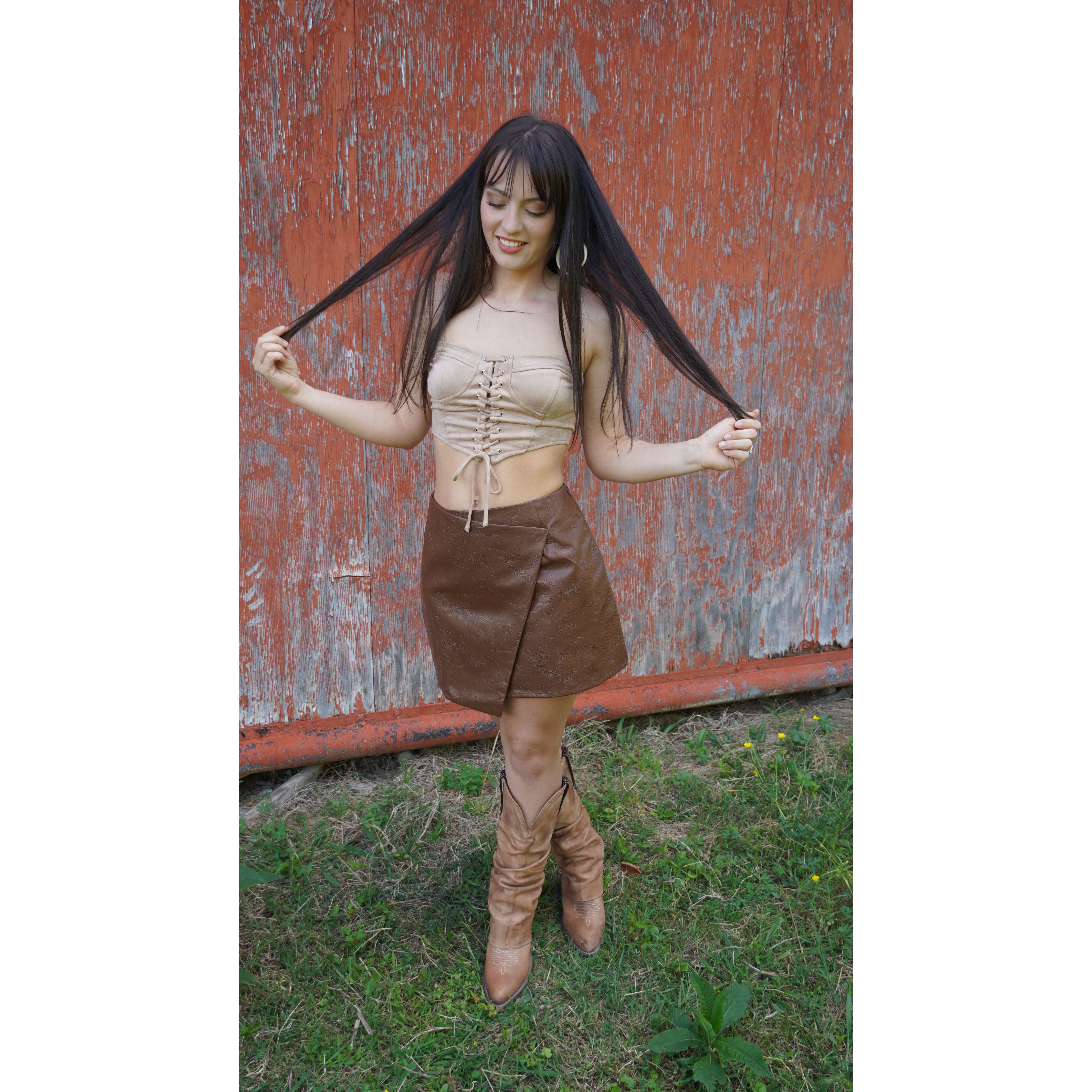 Floral Tooled Leather Like Wrap Skort