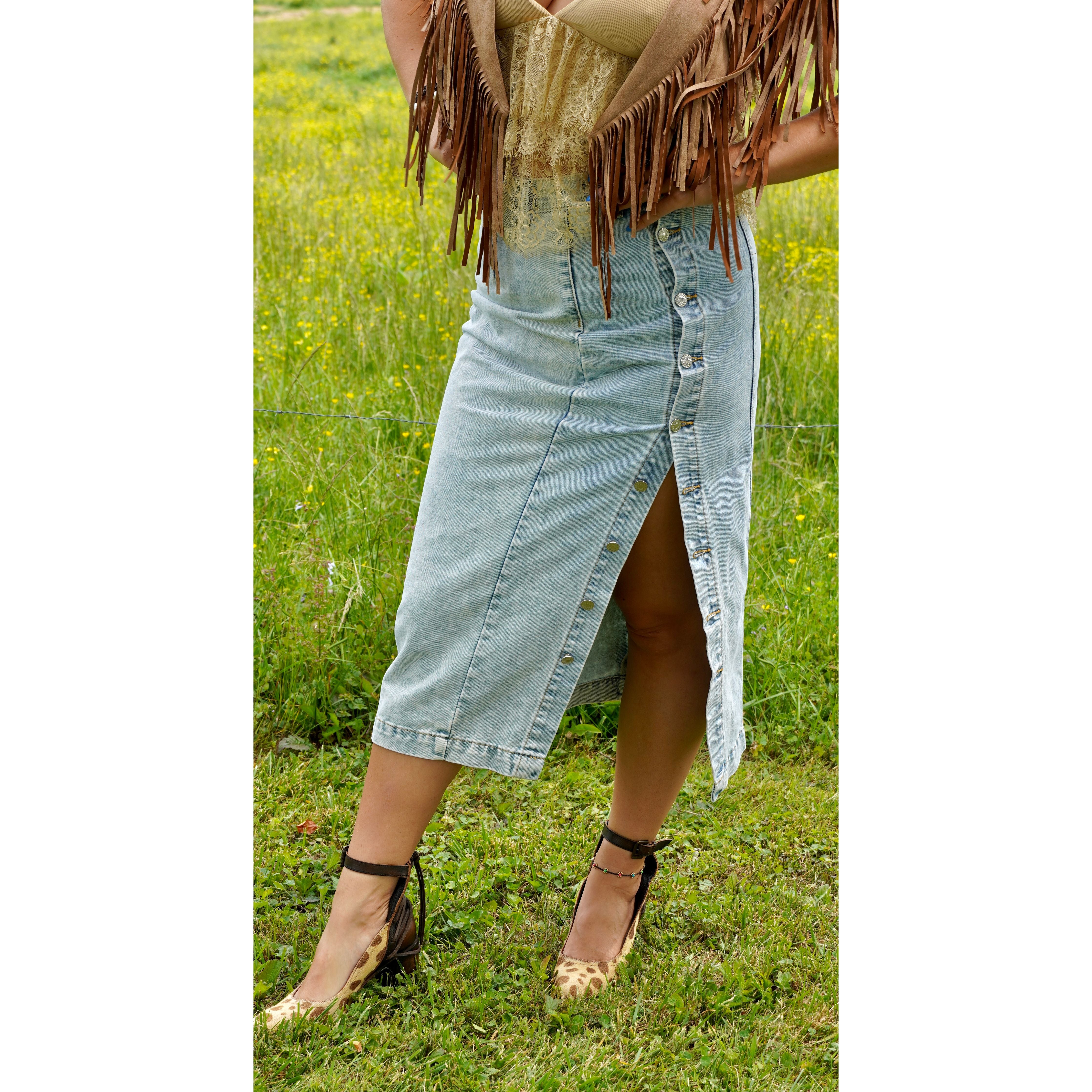 Button High Rise Denim Skirt