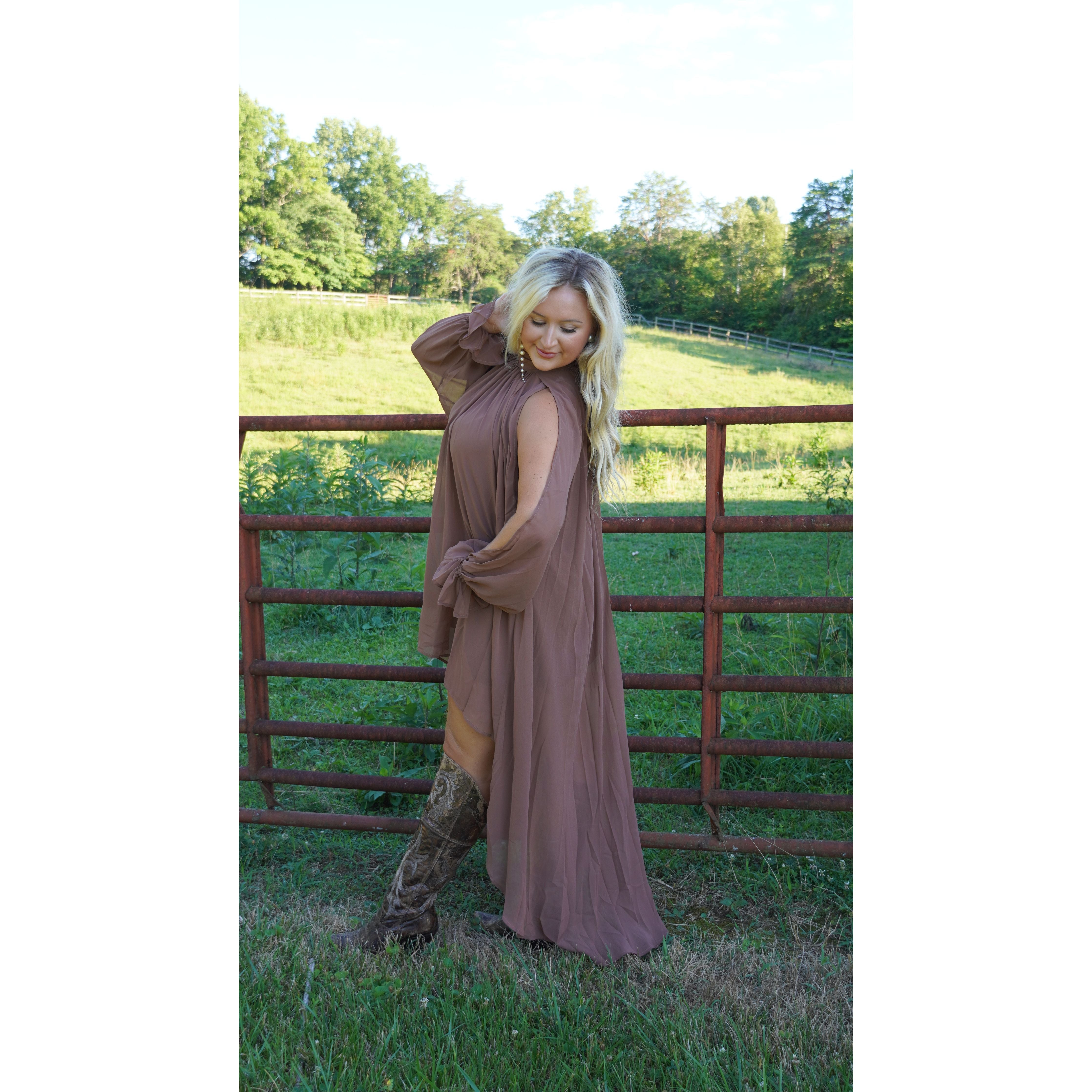 Elegant High Low Flowy Dress In Brown