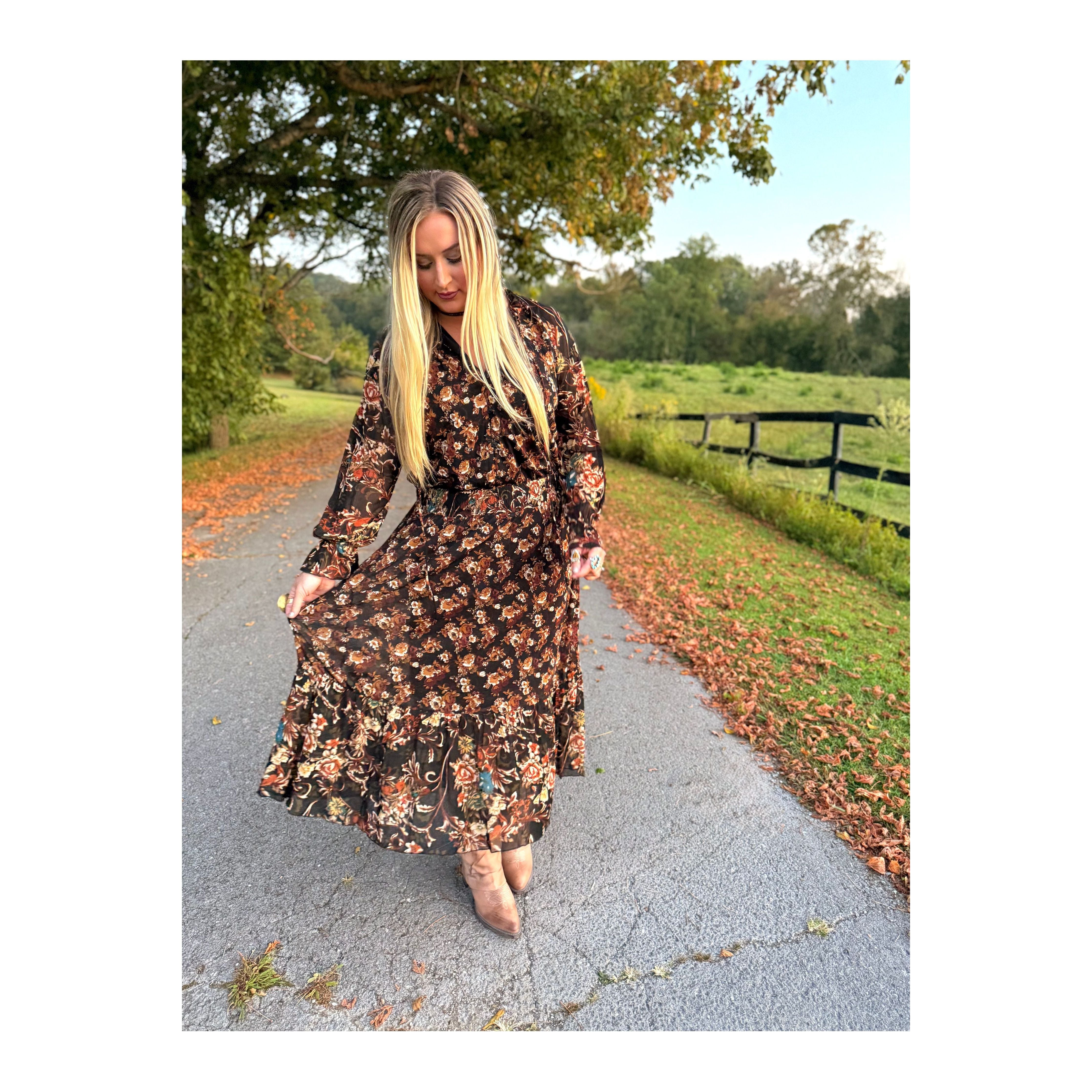 Black Floral Ruffle Maxi Dress