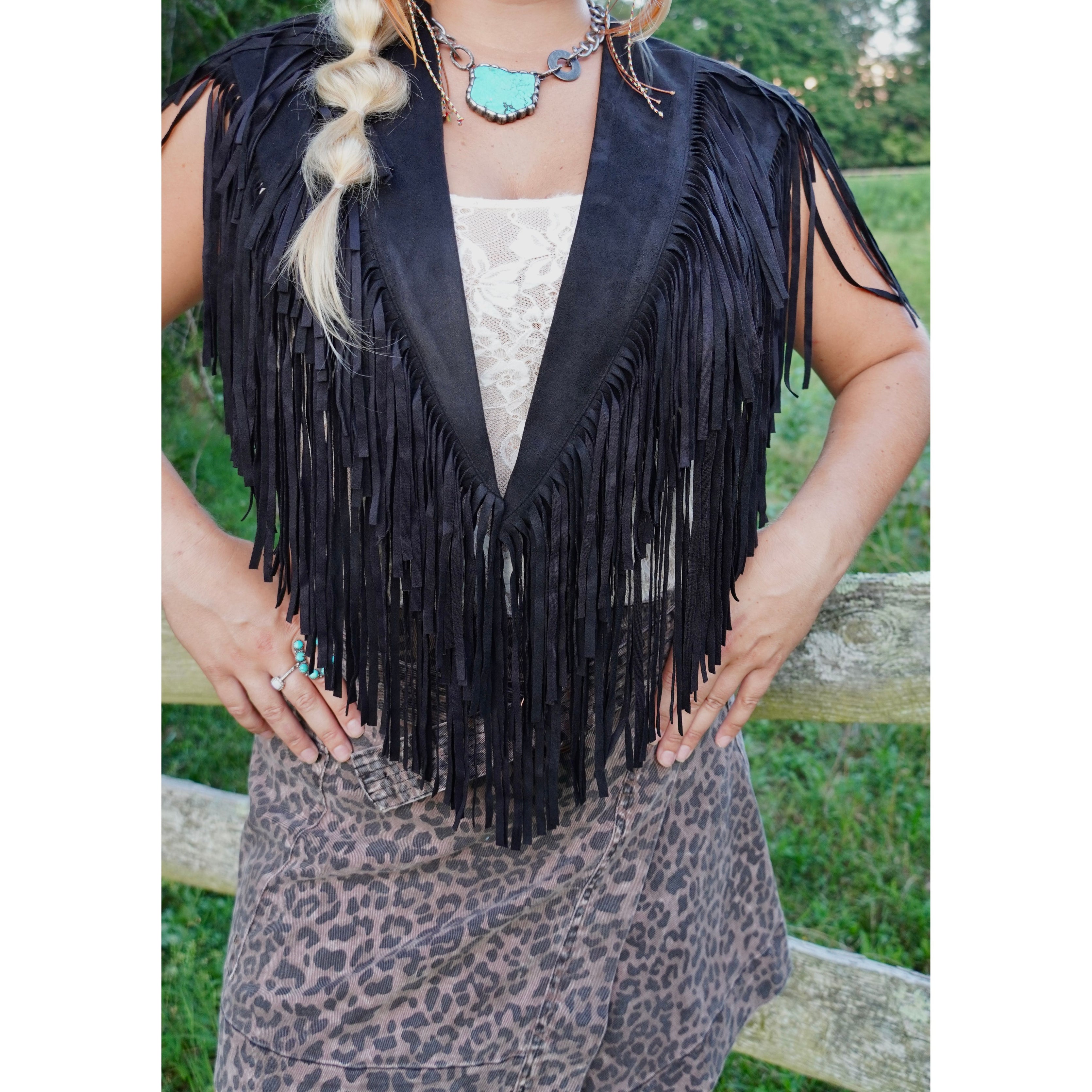 Country Fringe Suede Shawl in Black