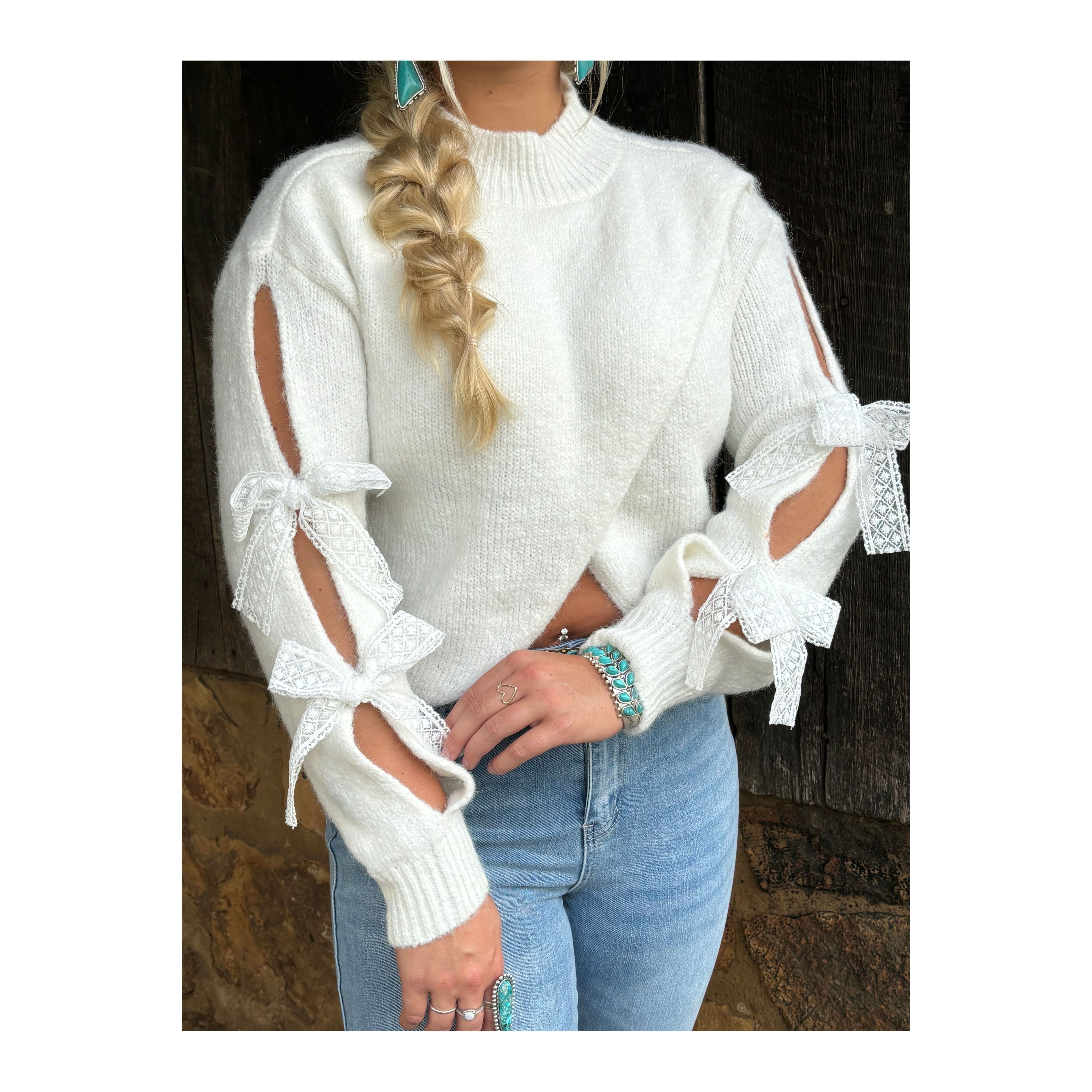 White Lace Bow Sweater
