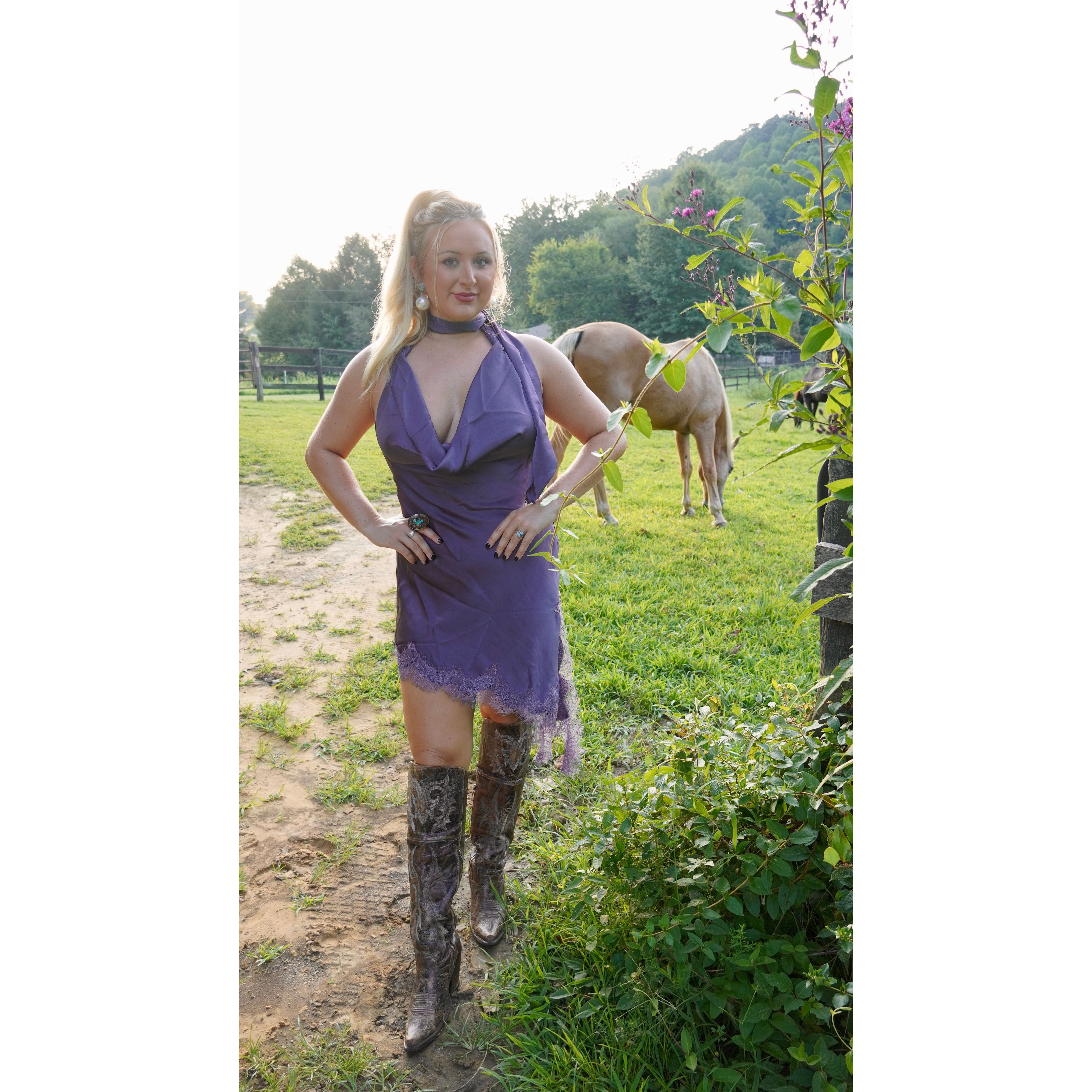 Purple Satin Lace Trim Scarf Dress