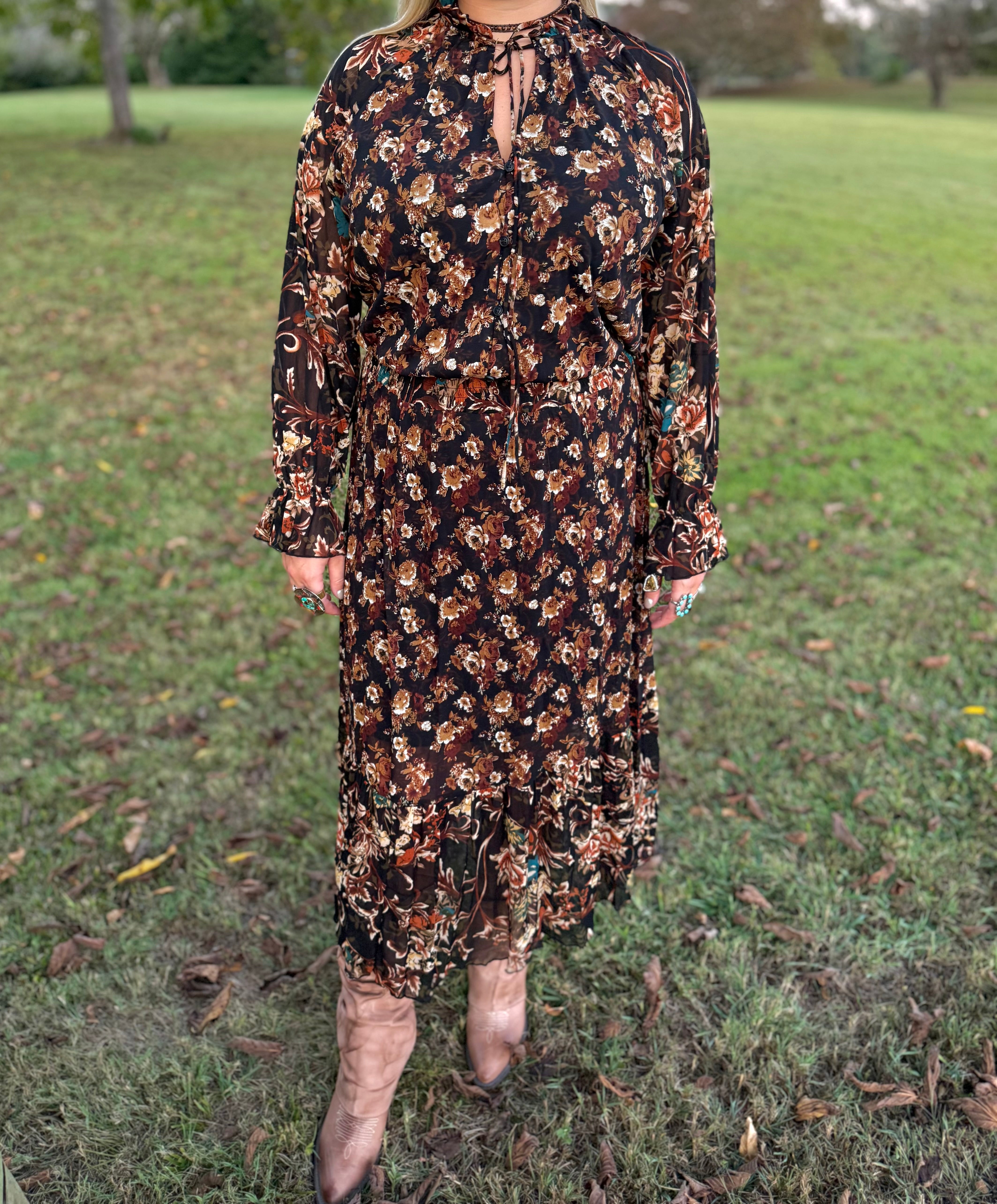 Black Floral Ruffle Maxi Dress