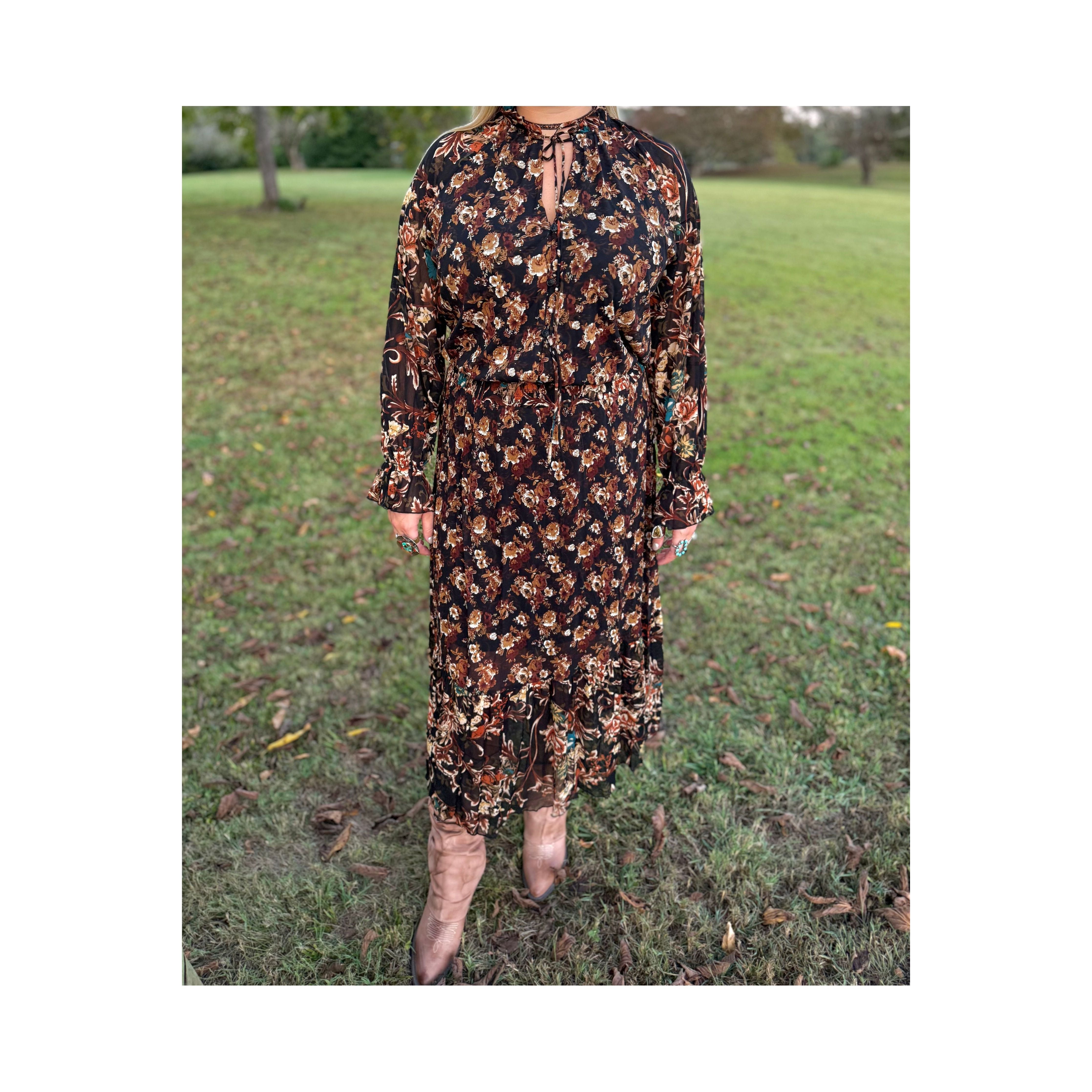 Black Floral Ruffle Maxi Dress