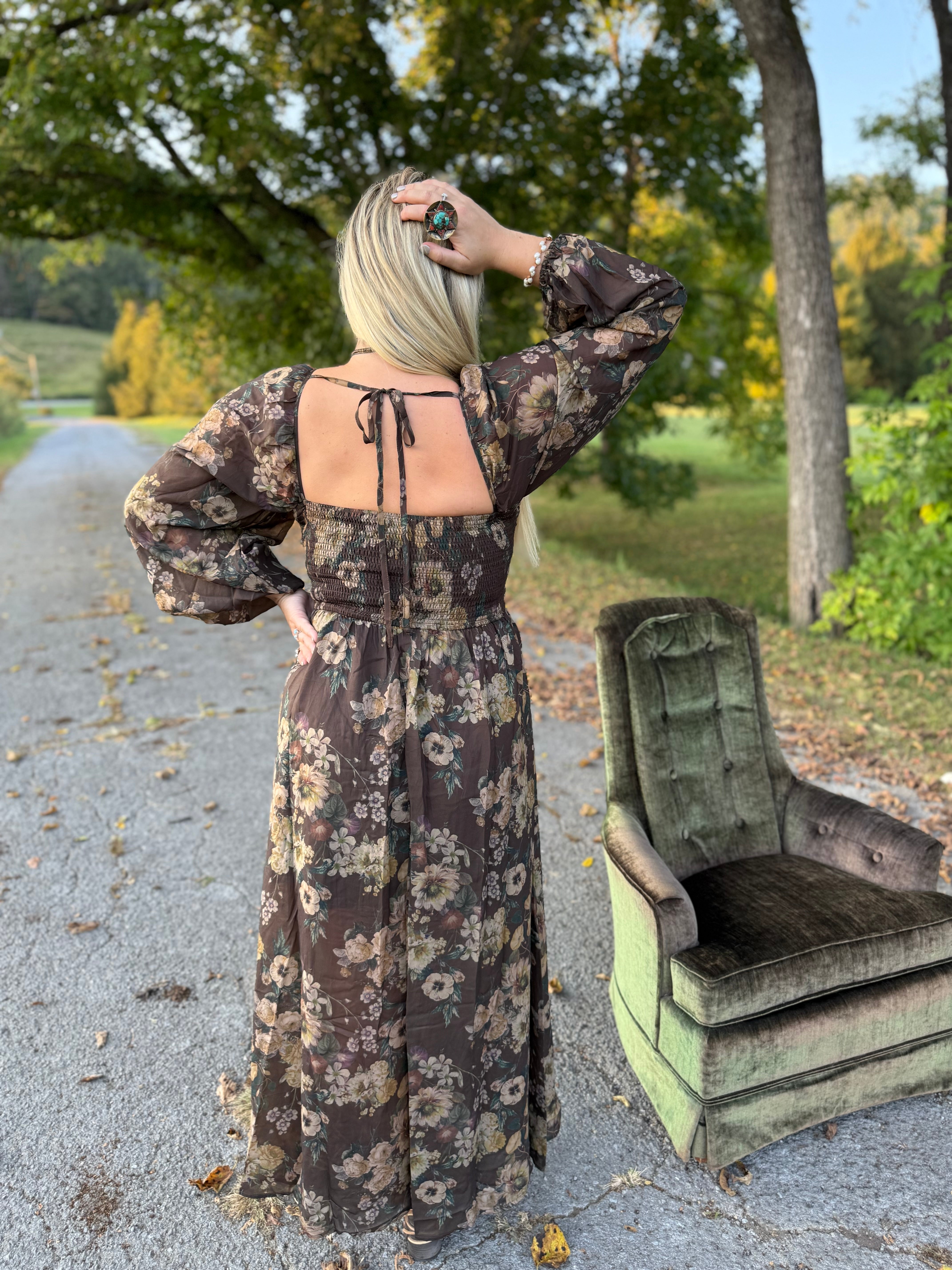 Floral Print Velvet Trimmed Maxi Dress with Slit