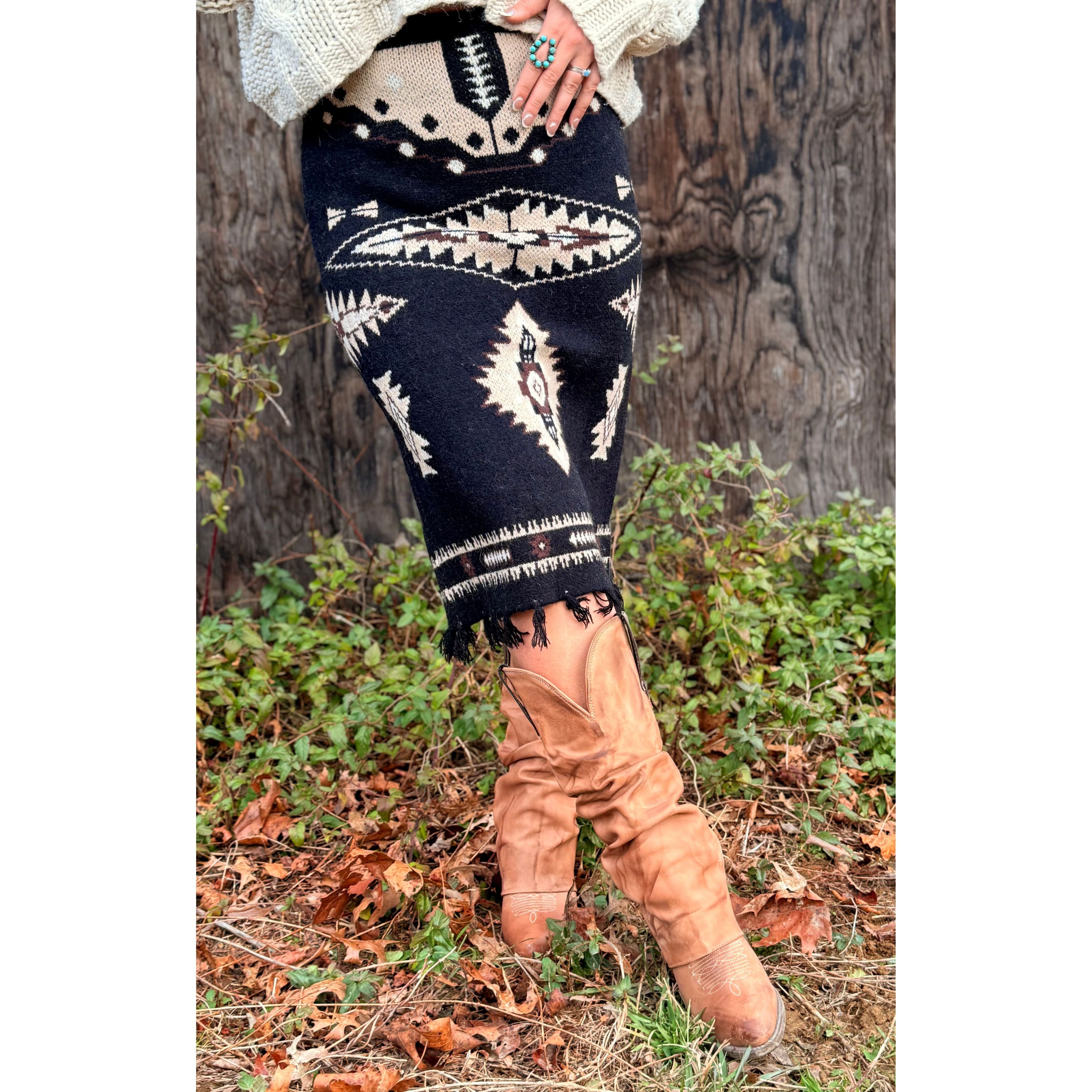 Black Aztec Sweater Fringe Back Slit Skirt