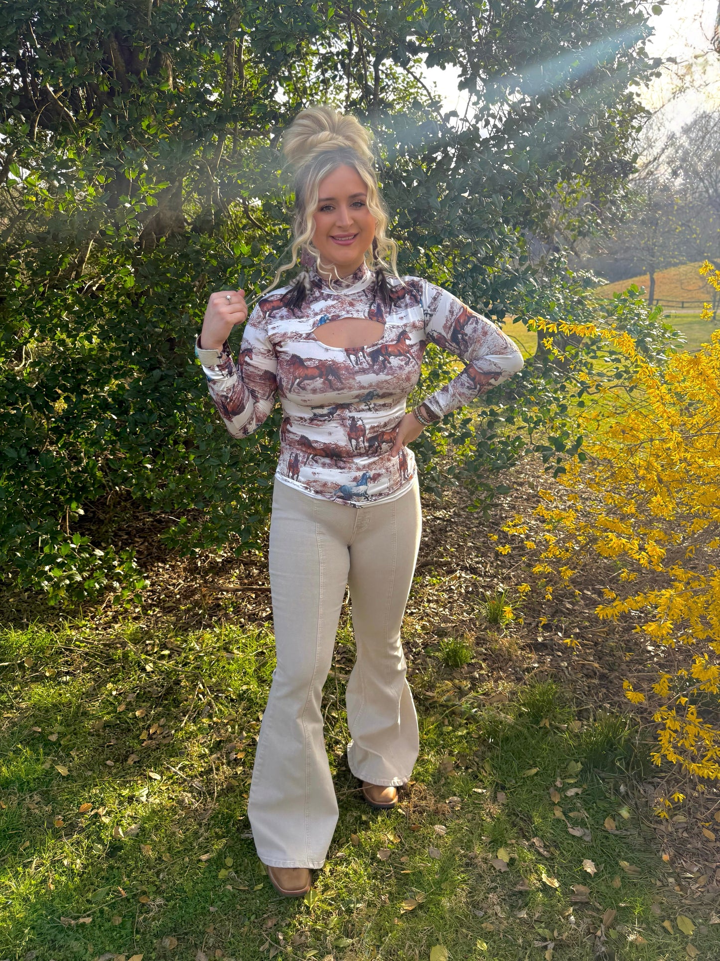Wild Horses Long Sleeve Keyhole Top