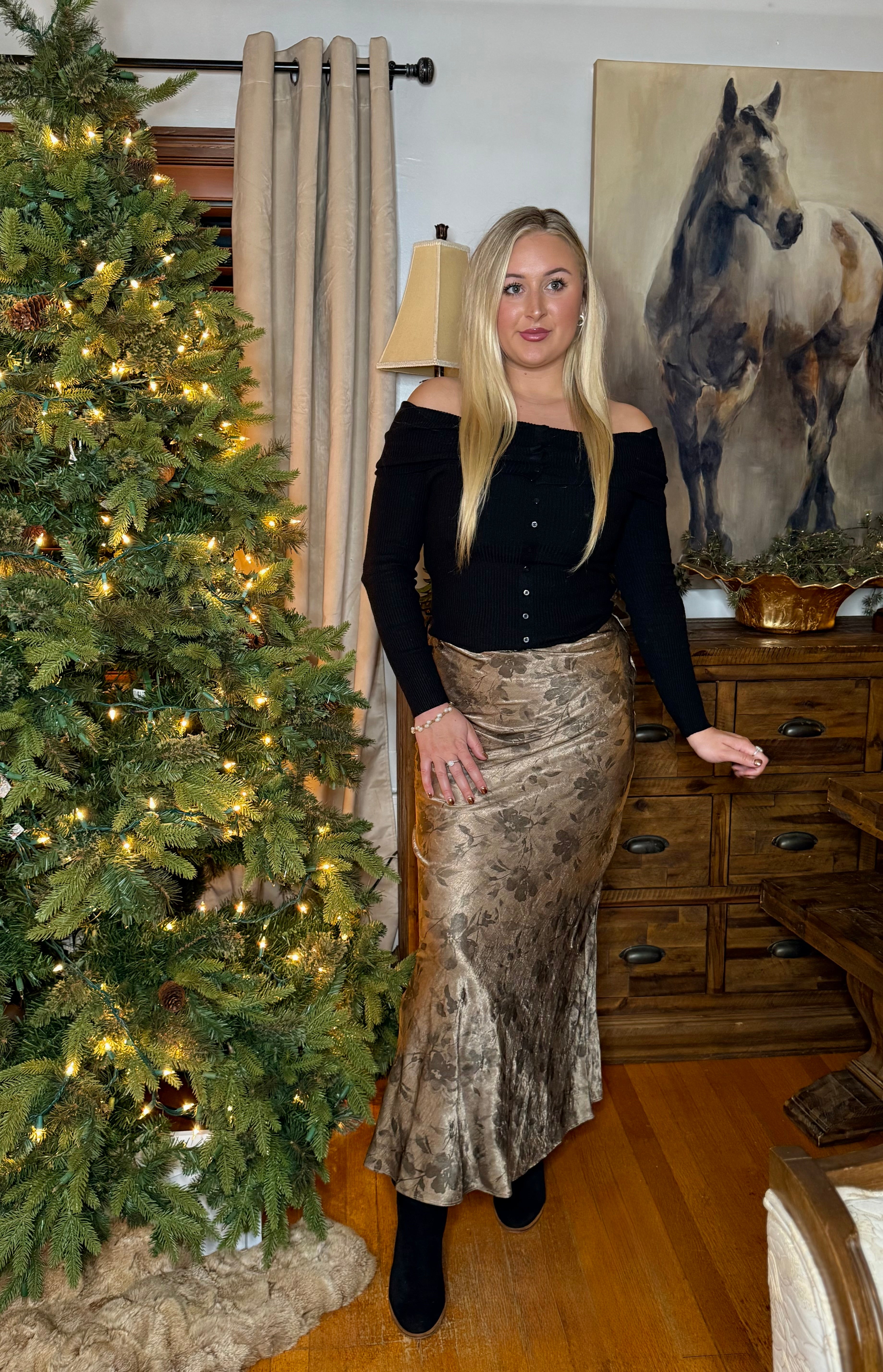 Floral Printed Cream Satin Maxi Skirt