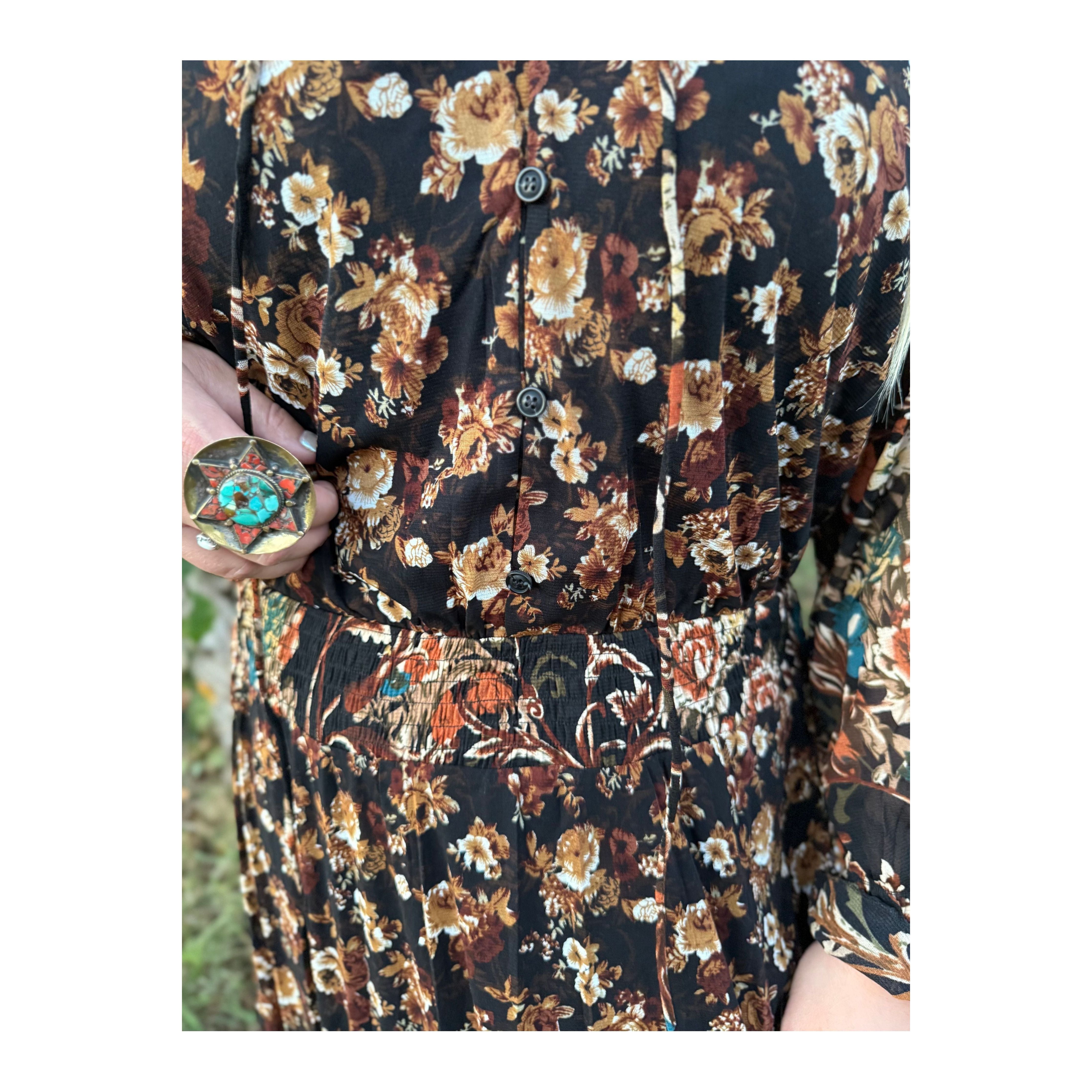 Black Floral Ruffle Maxi Dress